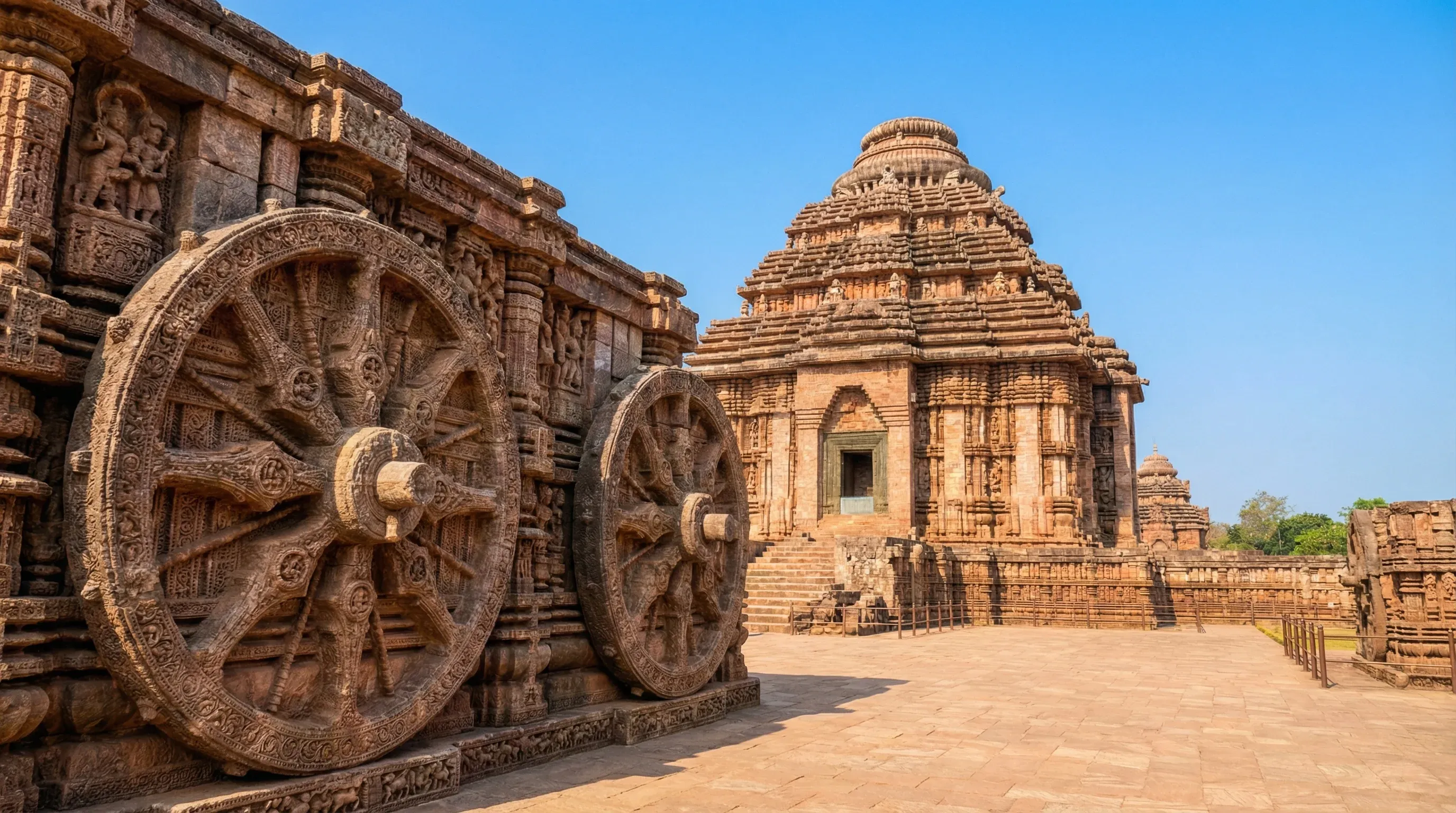 The Sun Temple at Konark, featuring intricately carved stone wheels and ancient architectural details.