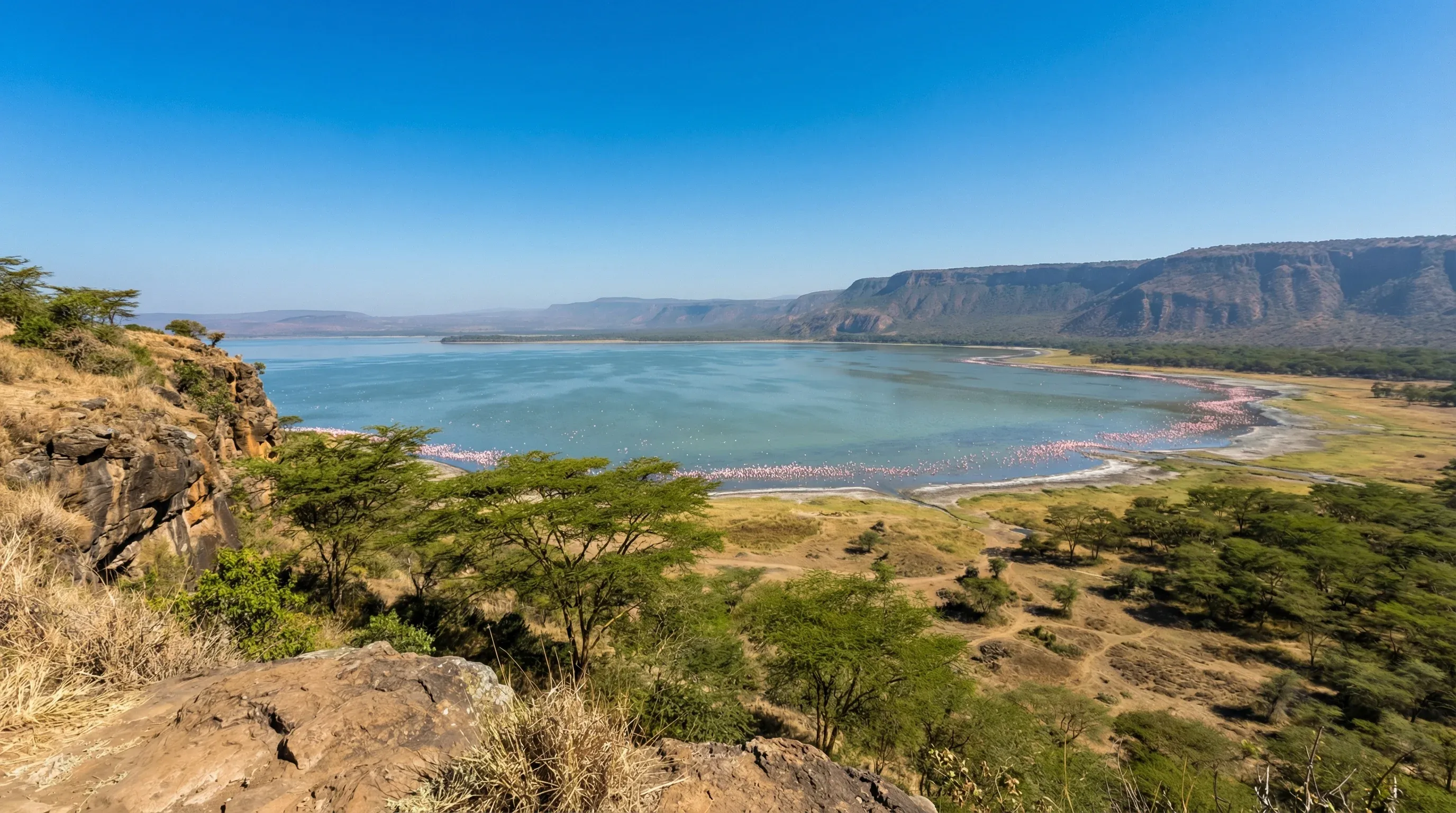 An elevated view from Baboon Cliff looking down at Lake Nakuru and the surrounding Great Rift Valley landscape under a bright midday sky.