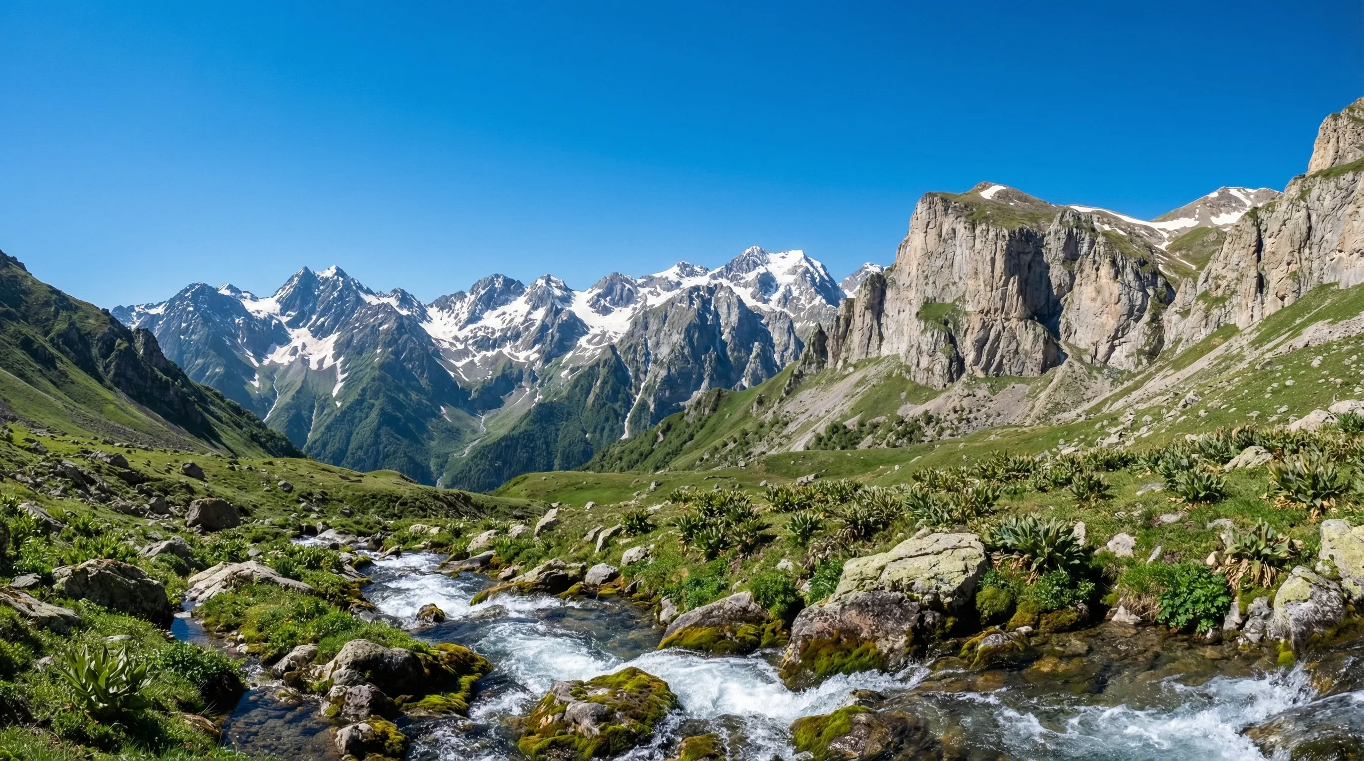 High limestone cliffs and snow-capped peaks of the Greater Caucasus Mountains tower over a green valley in northern Azerbaijan.