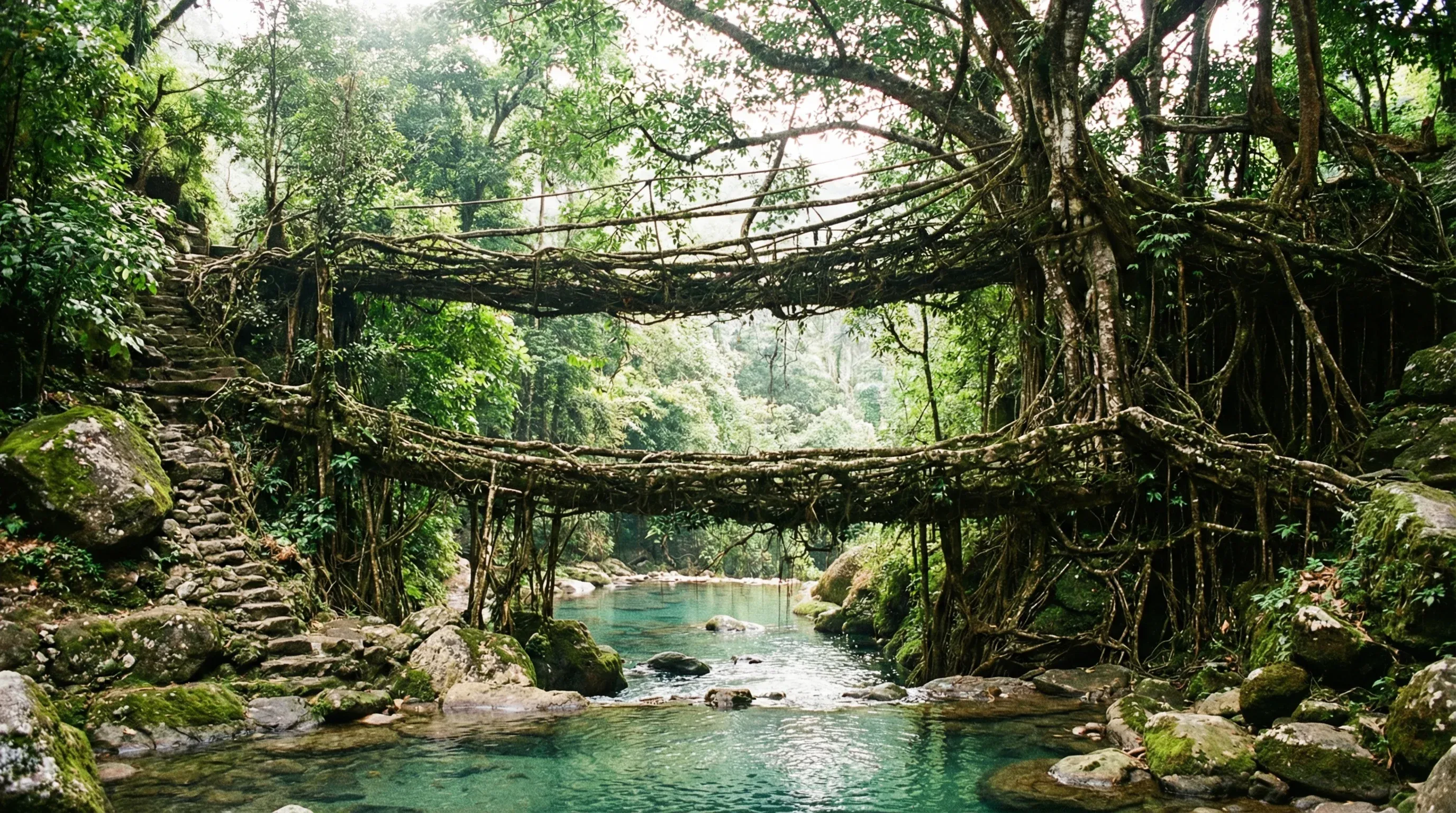 The Double Decker Living Root Bridge in Meghalaya, spanning a stream in a lush green rainforest.