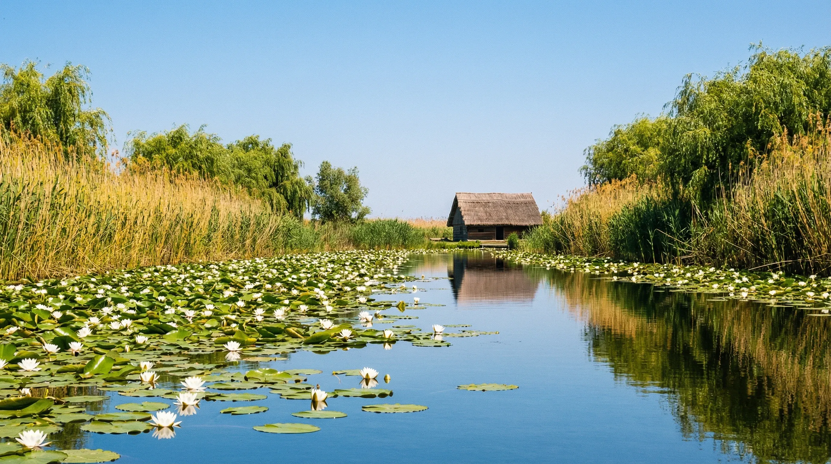 A calm river channel in the Danube Delta with water lilies, reeds, and a traditional thatched-roof hut.