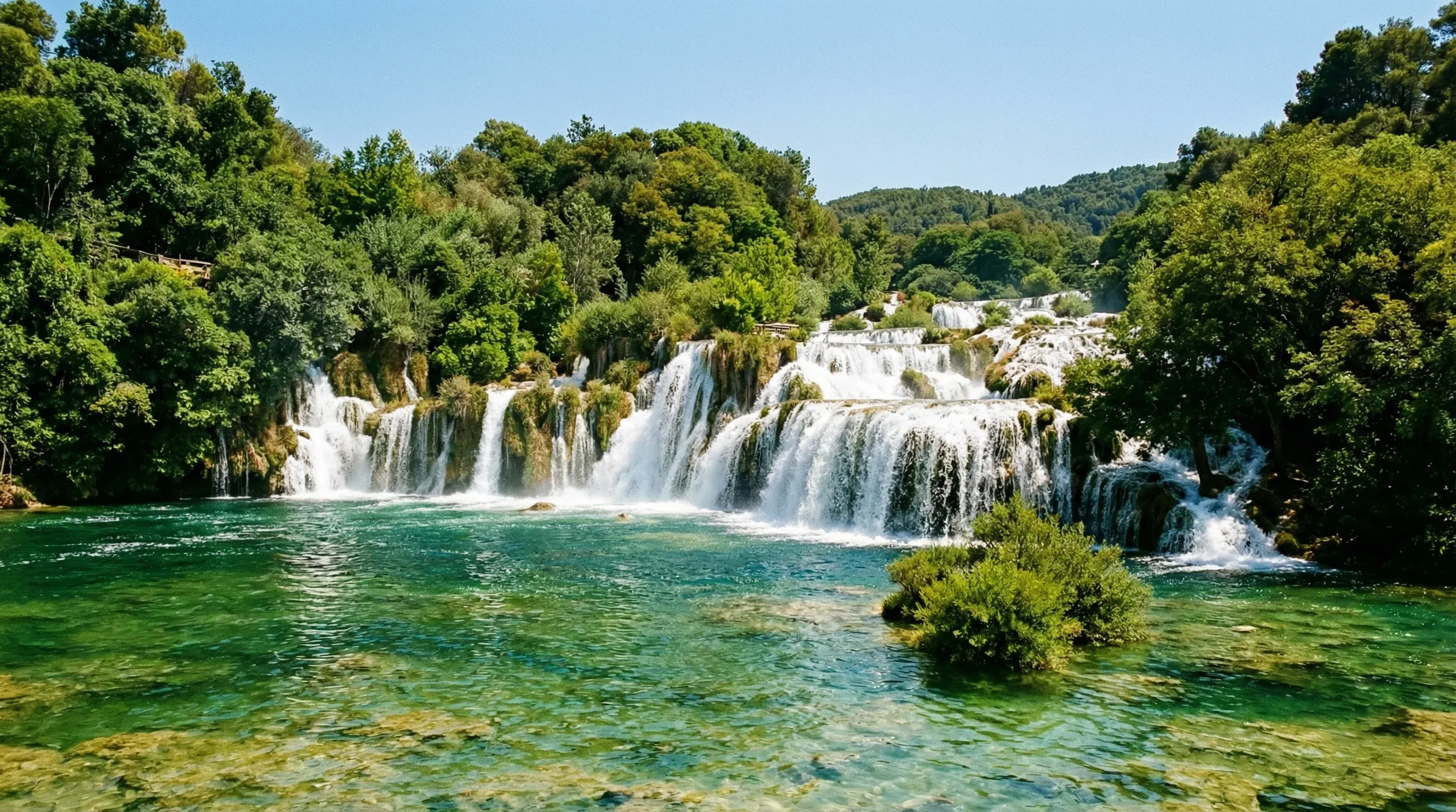 Cascading travertine waterfalls at Skradinski Buk in Krka National Park surrounded by lush green forest.