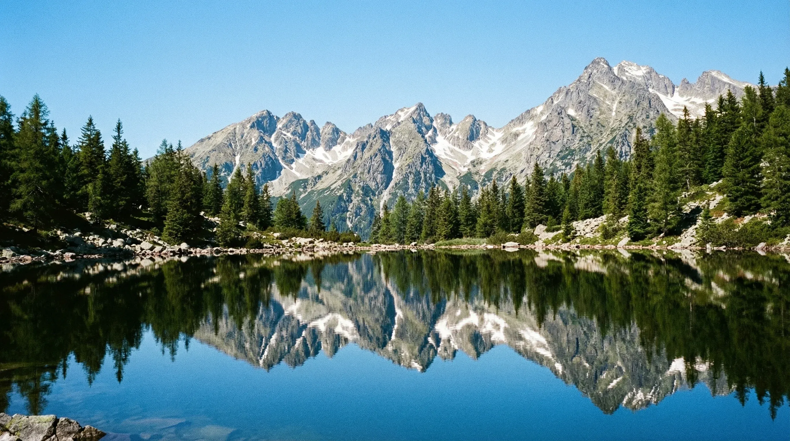 A mountain lake reflecting high granite peaks and evergreen forests under a bright midday sun.