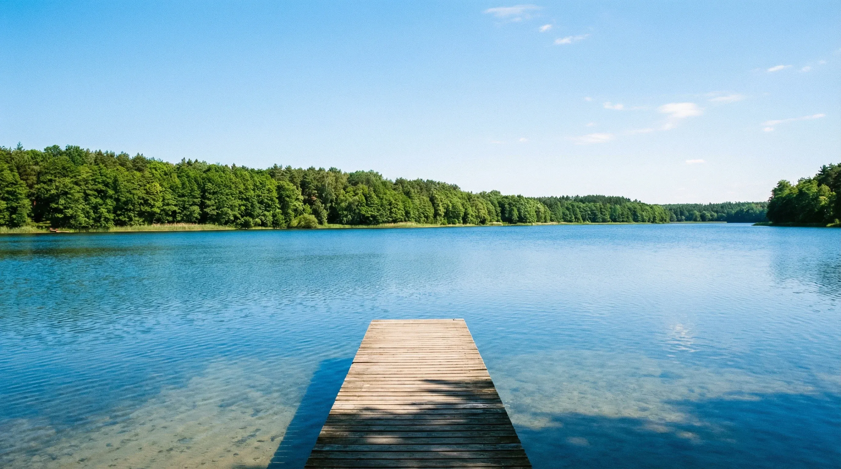A wide, sunny view of a calm blue lake in Masuria surrounded by dense green forests and a single wooden pier.