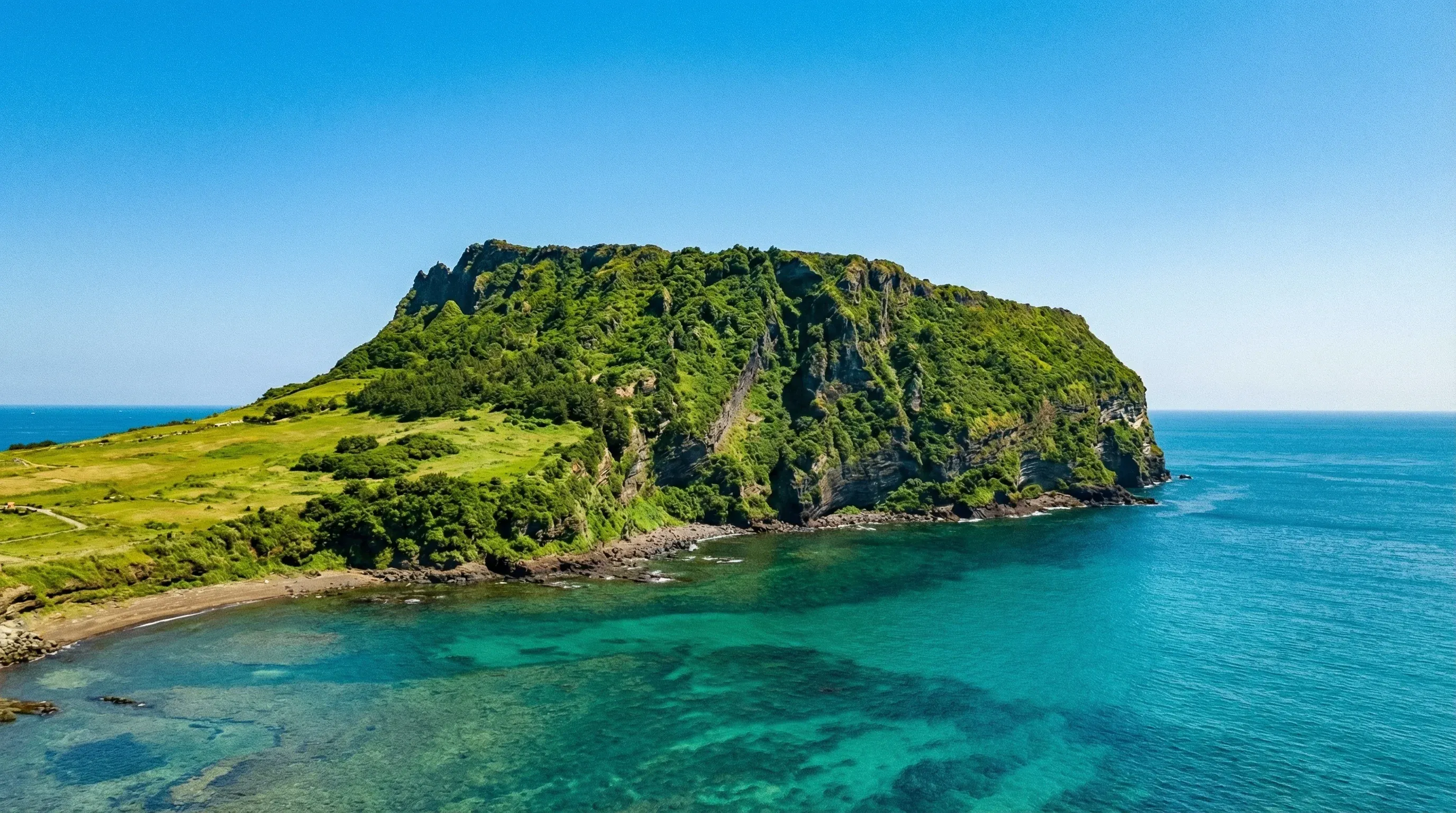 The green volcanic crater of Seongsan Ilchulbong rising from the sea on Jeju Island under a clear sky.