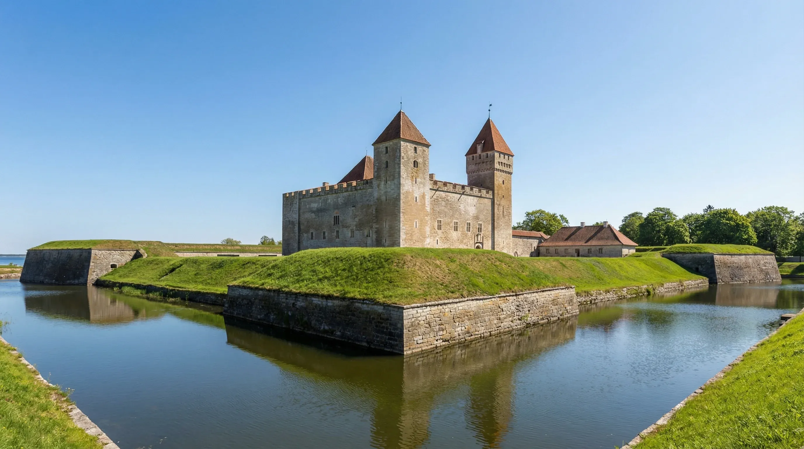 The medieval Kuressaare Episcopal Castle with stone walls and a moat on Saaremaa Island.