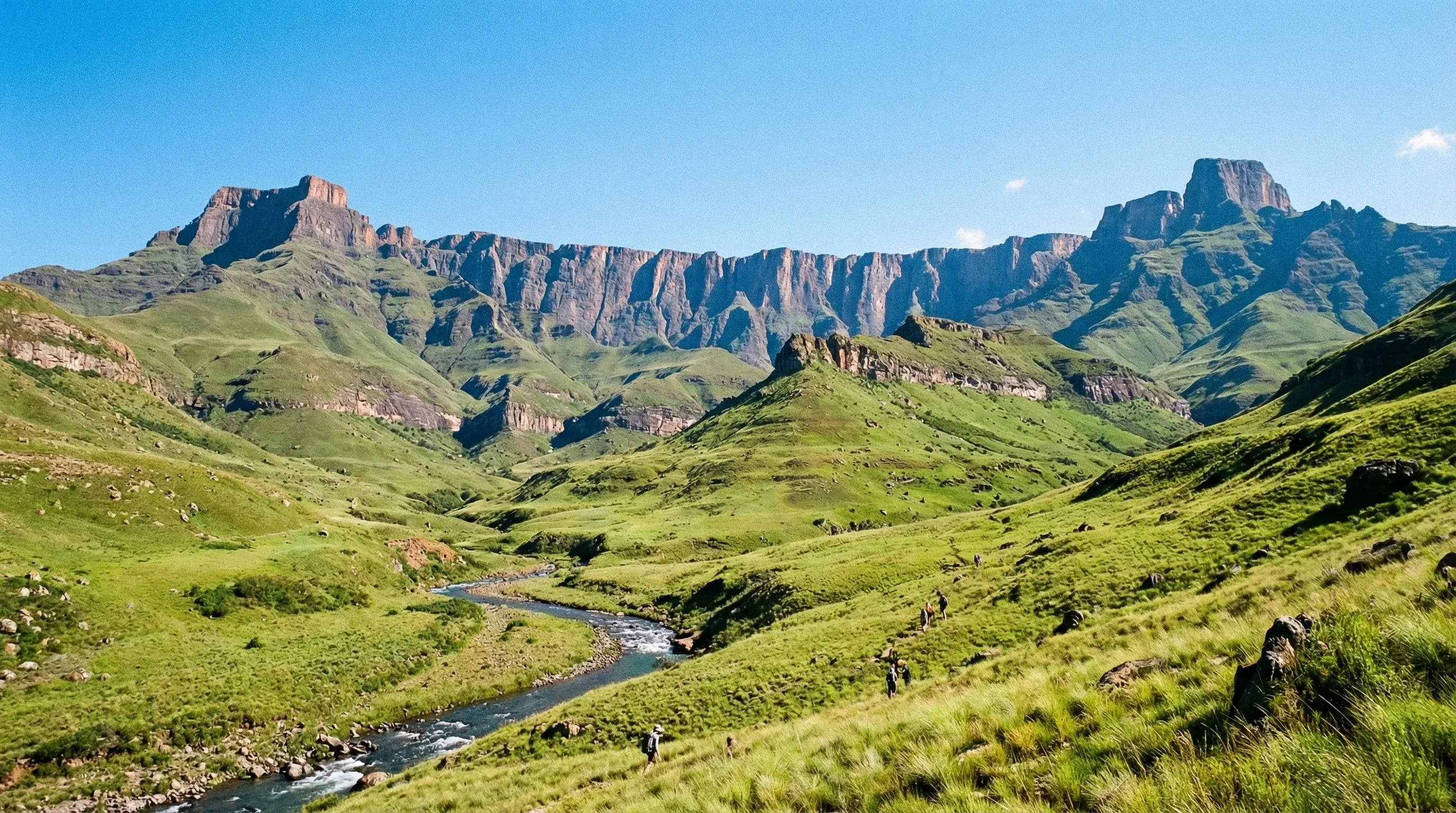 A vast curved basalt cliff wall known as the Amphitheatre in the Drakensberg mountain range.