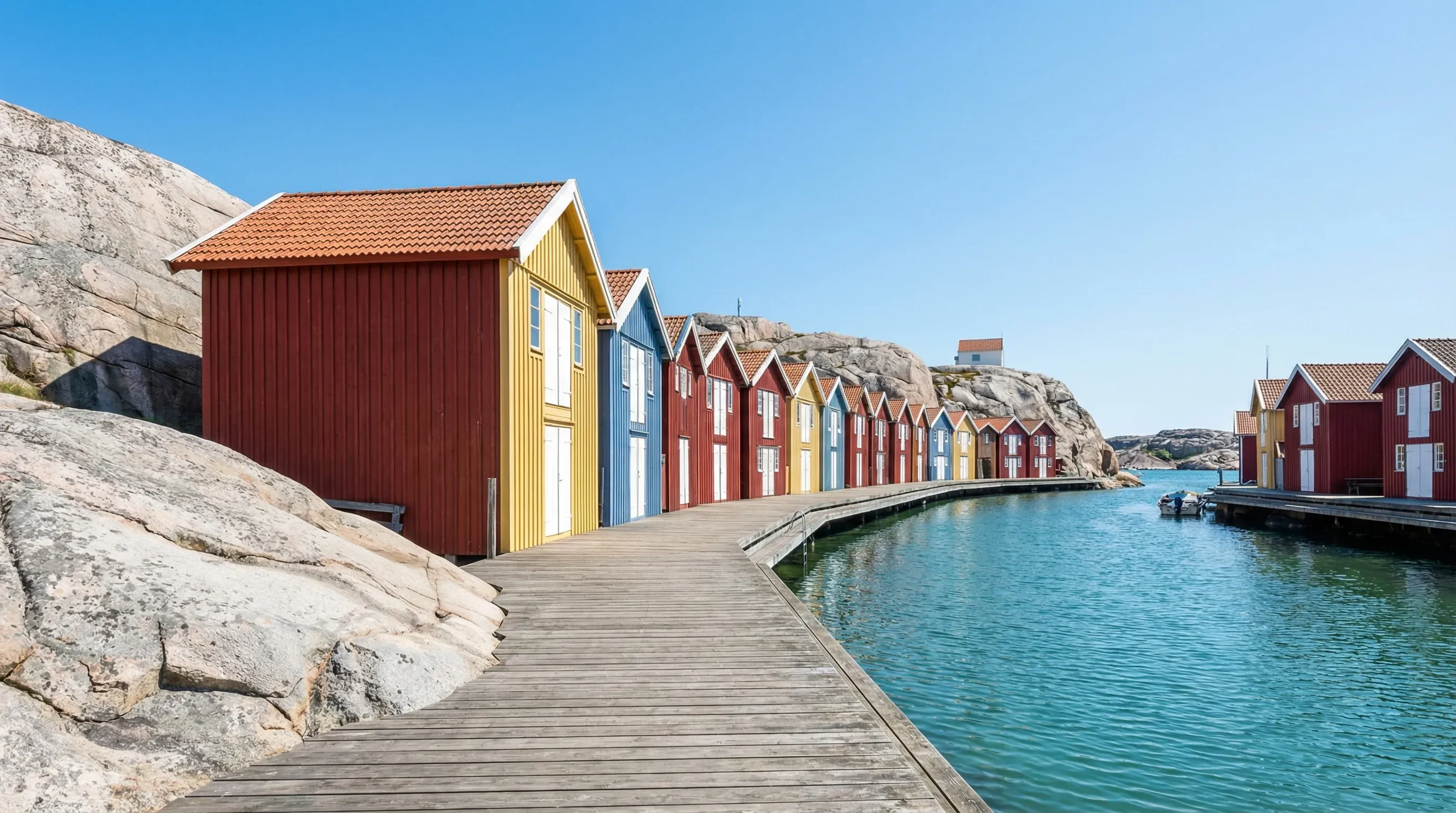 Vibrant colored wooden fishing huts along a boardwalk and granite rocks on the Swedish west coast.