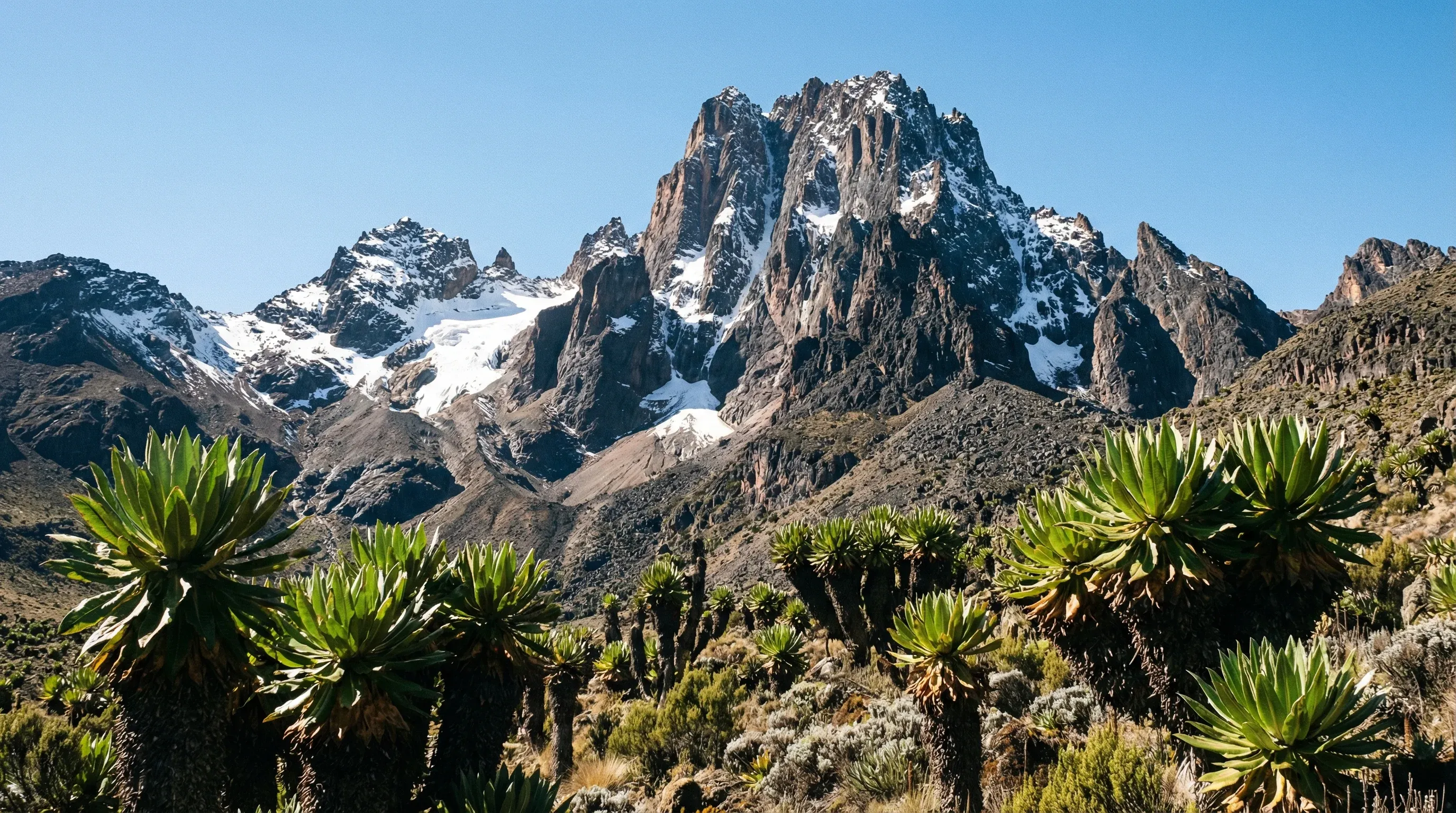 The rugged, snow-dusted peaks of Mount Kenya viewed from the surrounding alpine moorlands under a clear sky.