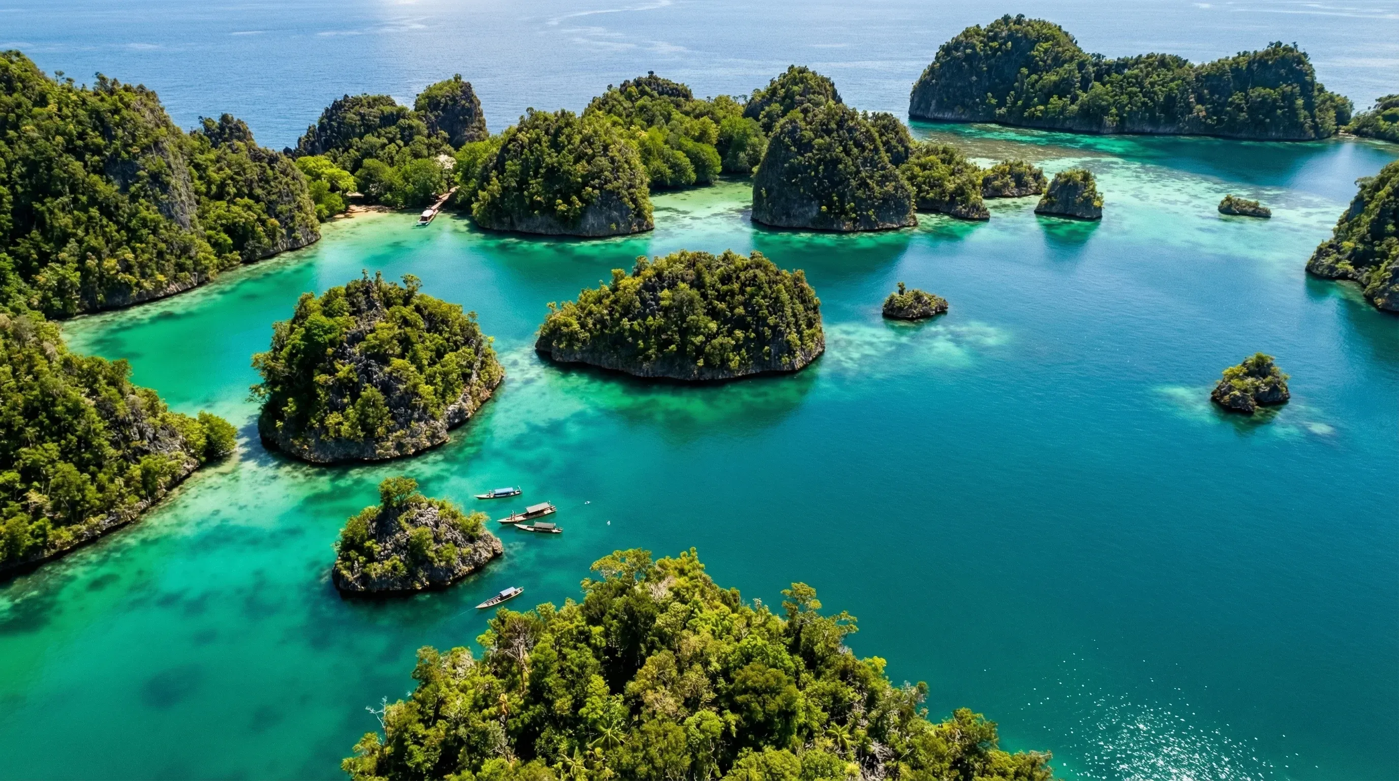 The limestone karst islands and turquoise lagoons of the Wayag archipelago in Raja Ampat.