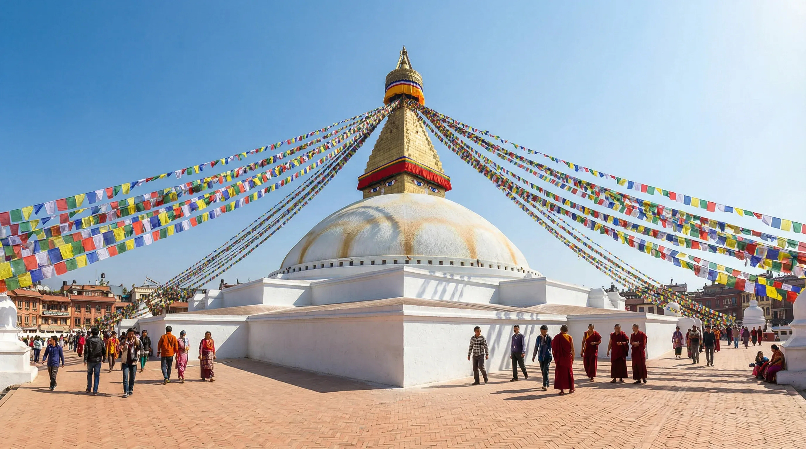 The large white Boudhanath Stupa in Kathmandu with its golden spire and colorful prayer flags under a bright sky.