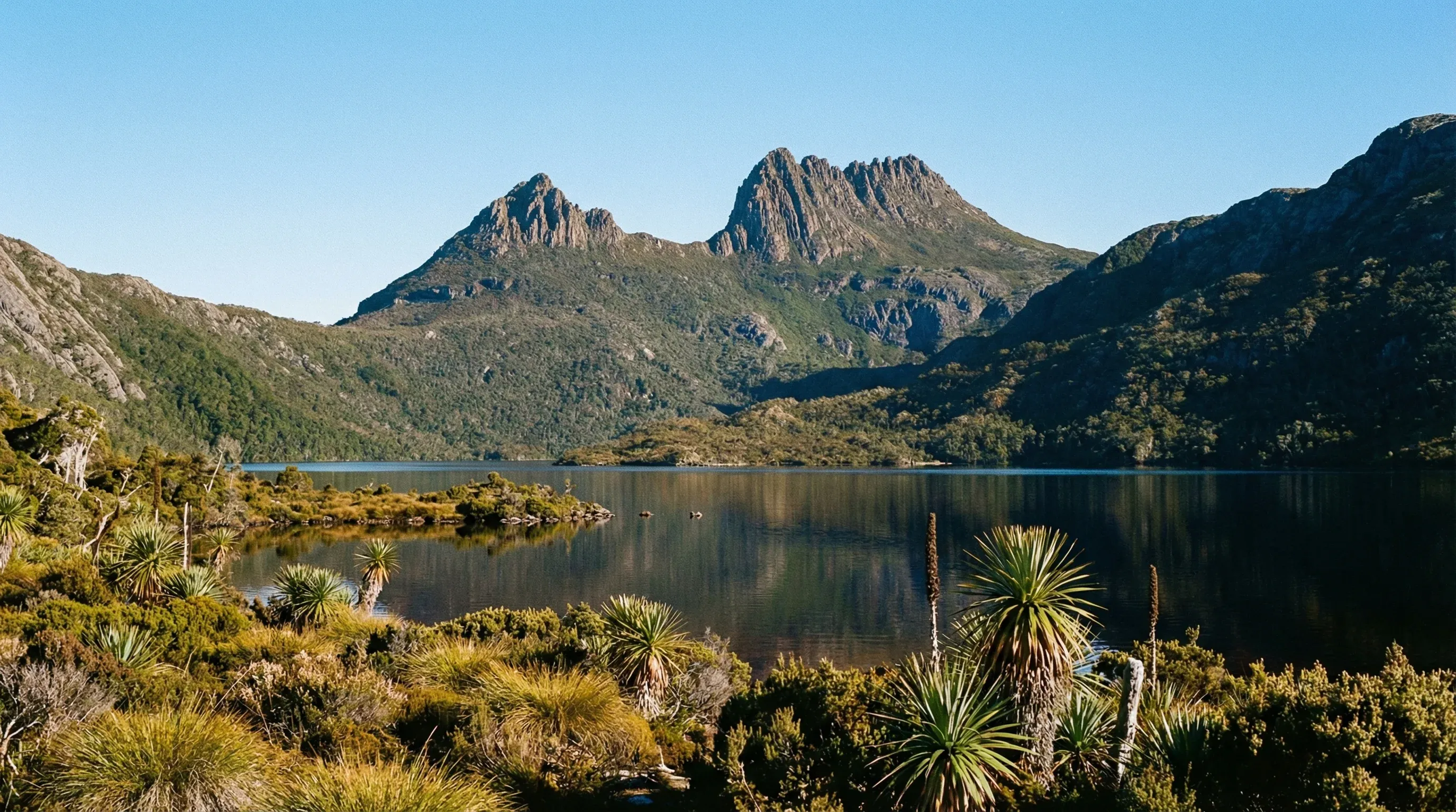 Cradle Mountain's jagged peaks rising above the calm waters of Dove Lake in the Tasmanian wilderness.
