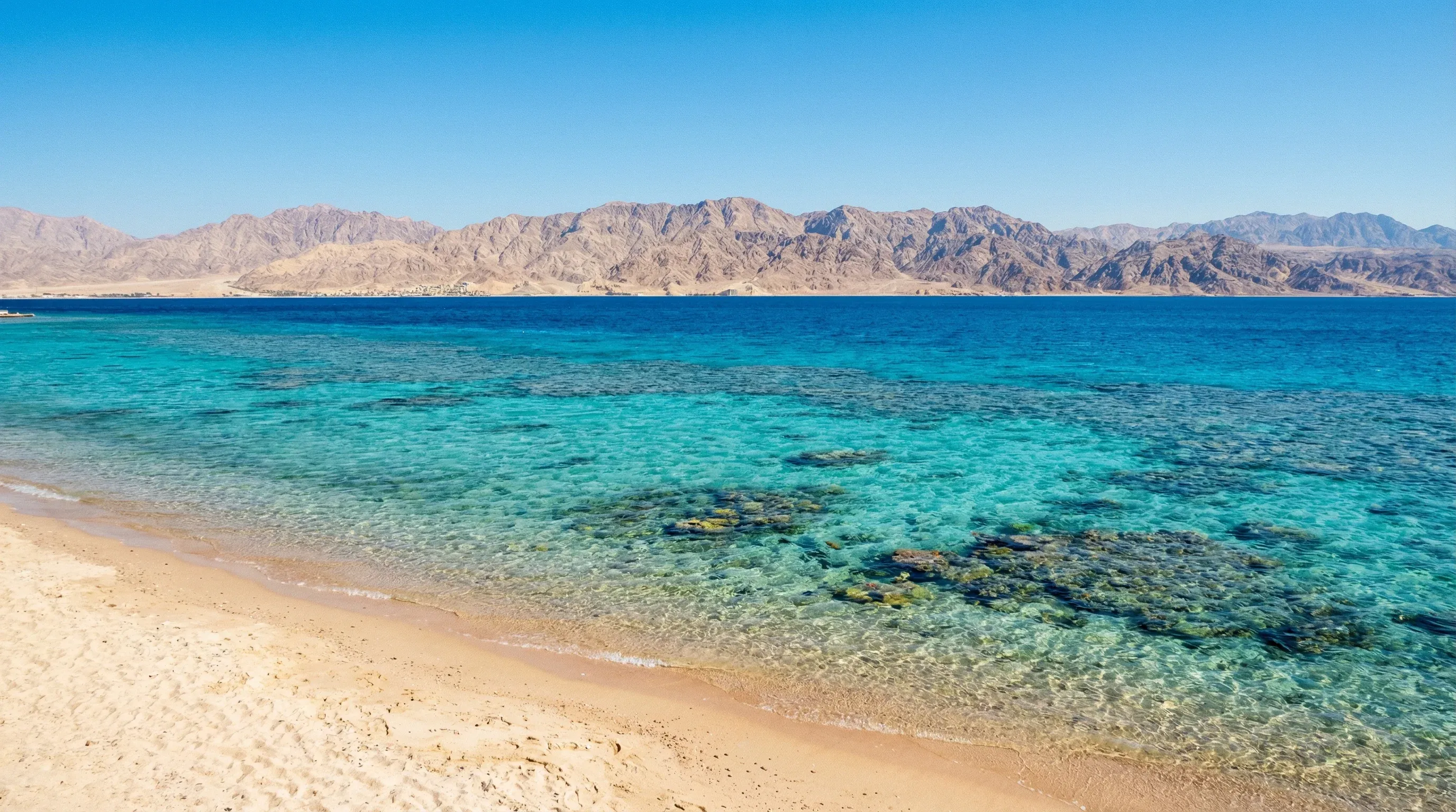 Turquoise waters of the Gulf of Aqaba meet the rocky coastline with desert mountains in the far distance under a clear sky.