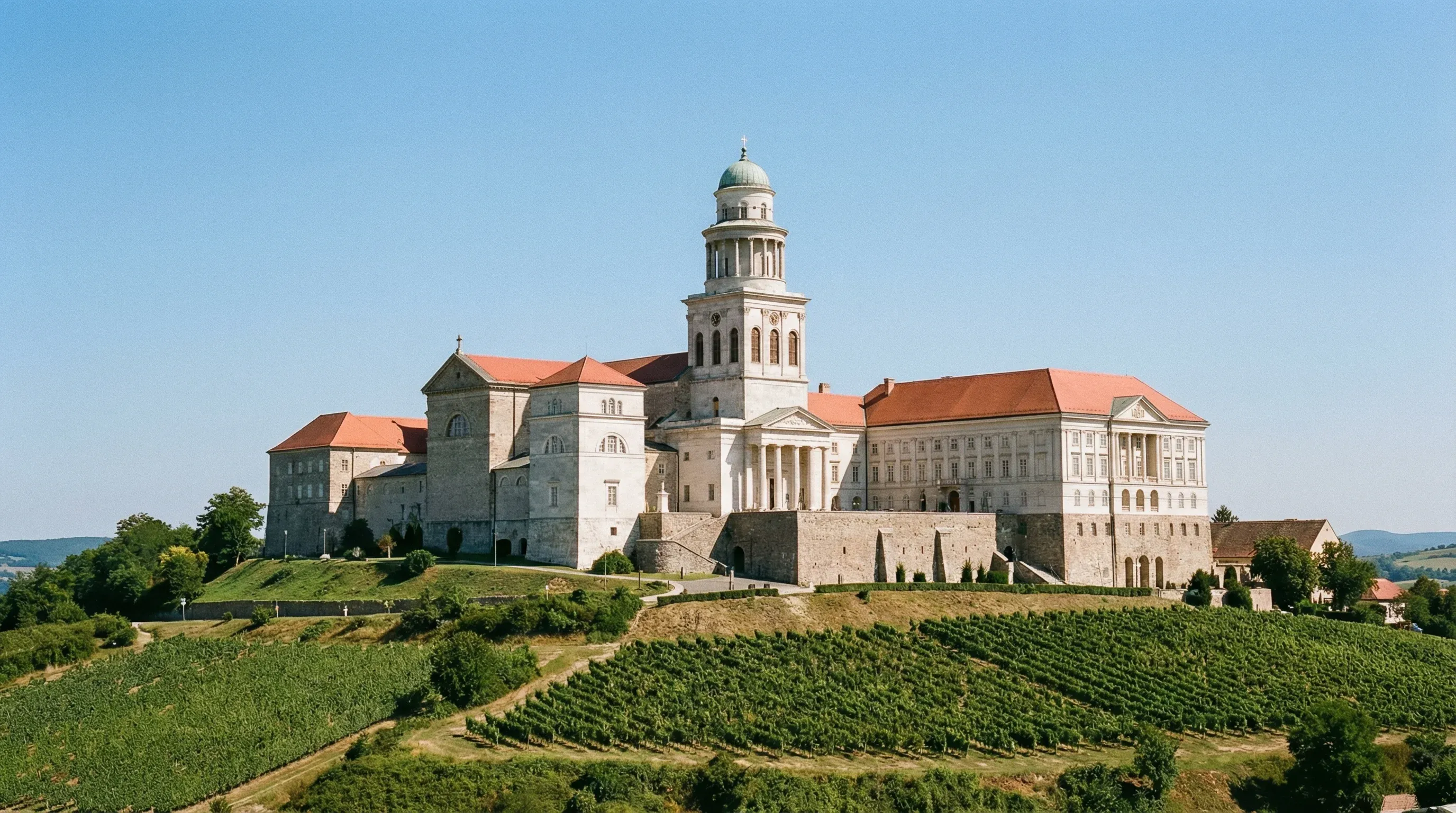A large hilltop monastery complex with a tall bell tower overlooking rolling hills and vineyards.