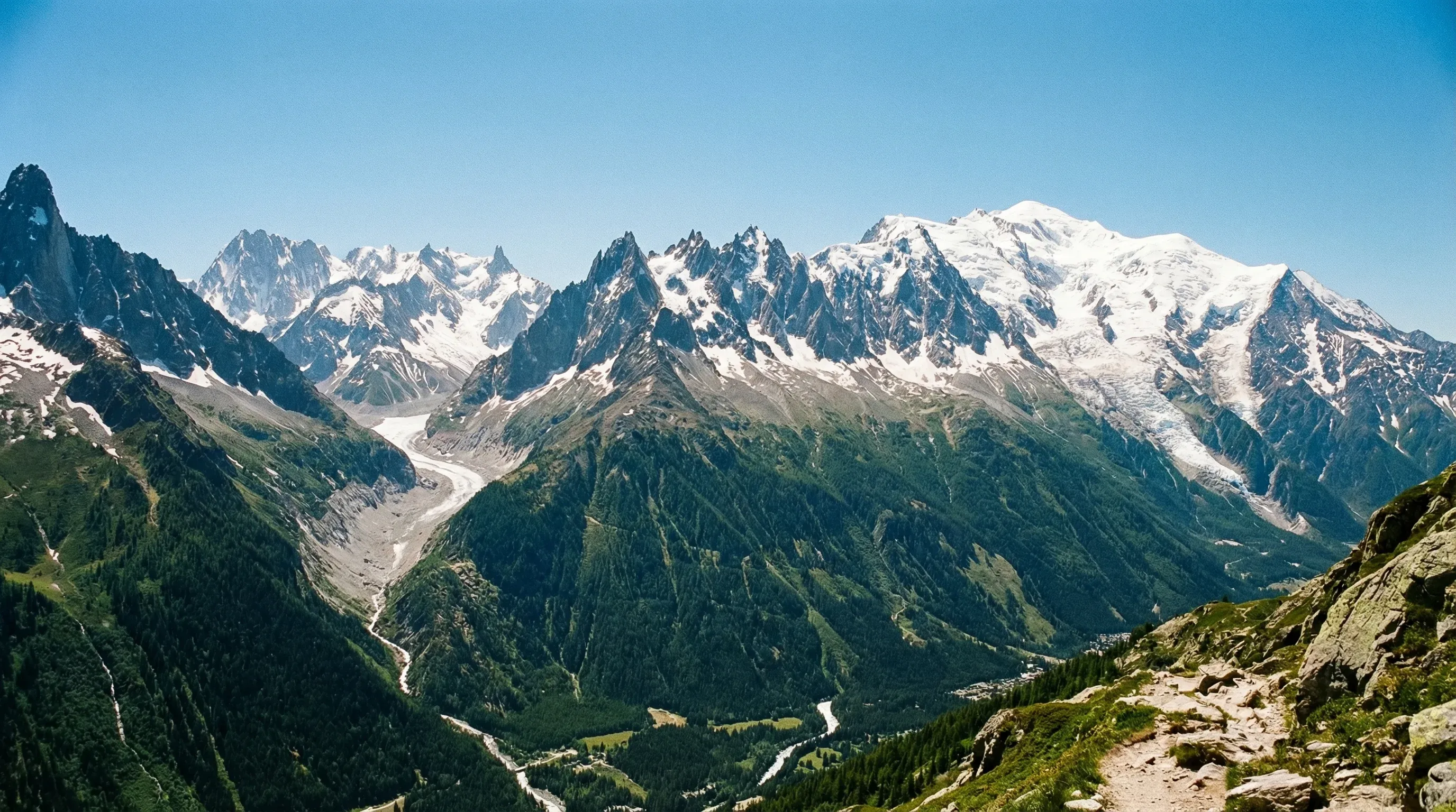 The snow-covered summit of Mont Blanc and the surrounding Alpine peaks in the French Alps near Chamonix.
