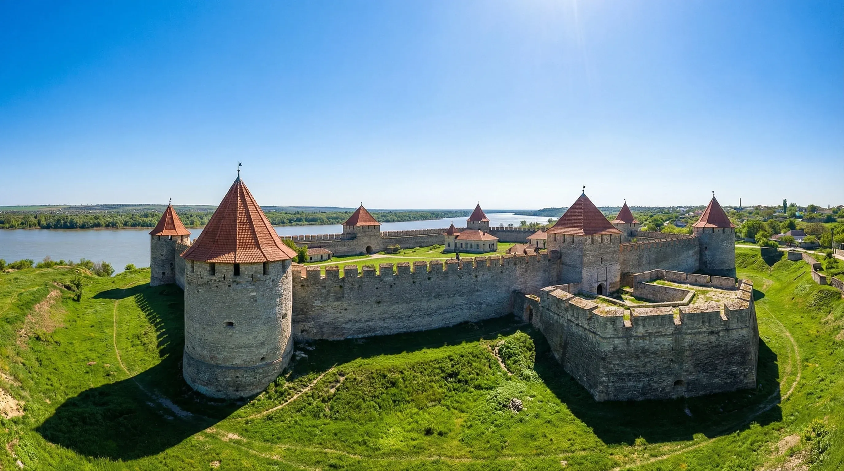 The medieval stone walls and red-roofed towers of Bender Fortress under a bright, clear blue sky.