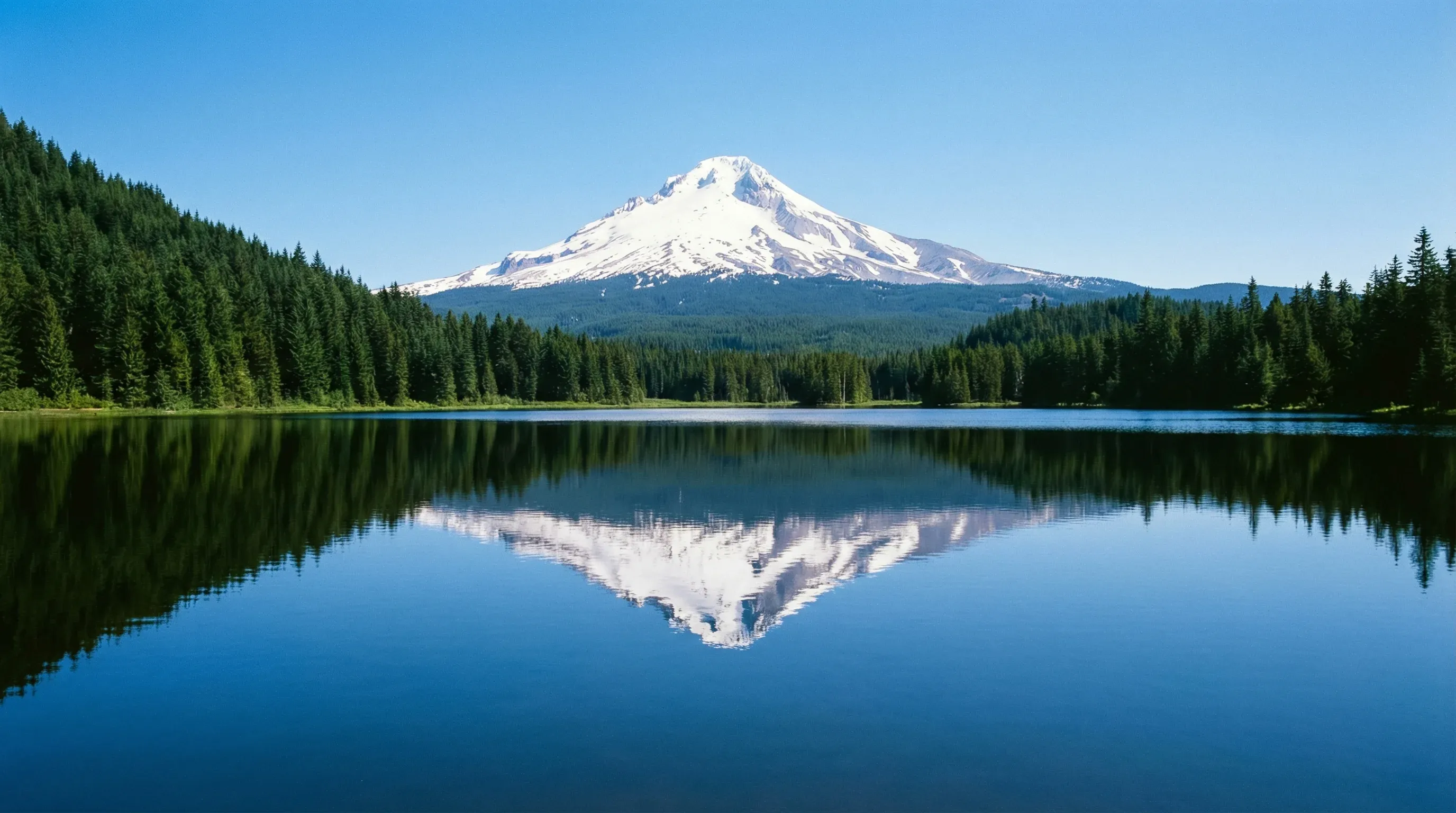 A snow-capped volcano reflected in the calm water of a lake surrounded by evergreen trees.