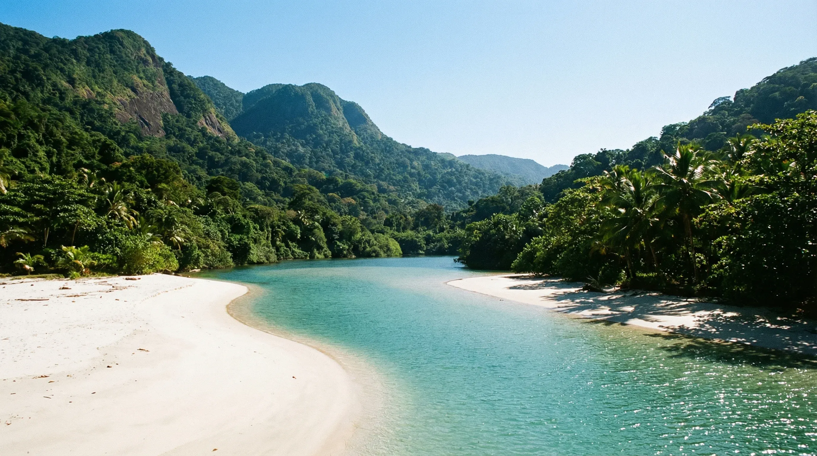 A wide-angle view of the white sand and turquoise water at River No. 2 Beach, with lush green mountains in the background under a clear sky.