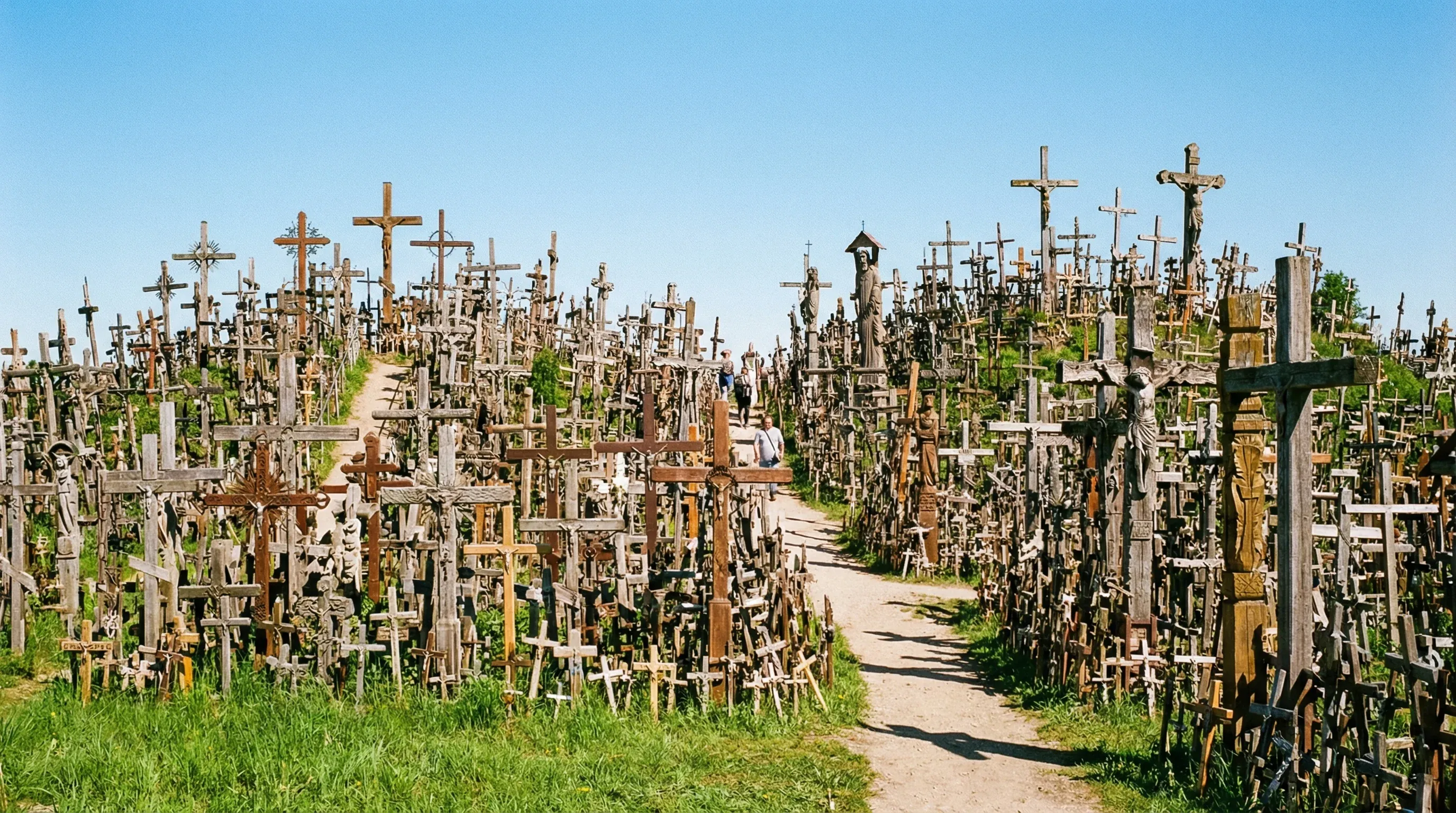 A wide-angle view of the Hill of Crosses near Šiauliai, featuring thousands of wooden and metal crosses under a clear blue sky.