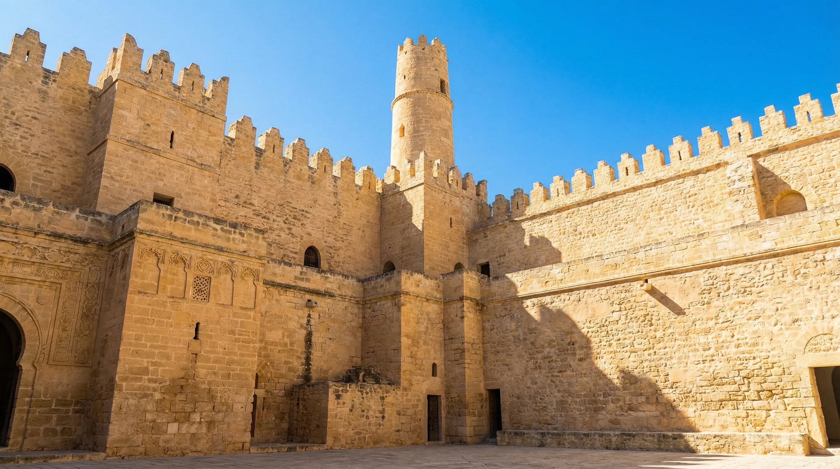 A large, ancient stone fortress with high defensive walls and a tall circular tower in Monastir, Tunisia.