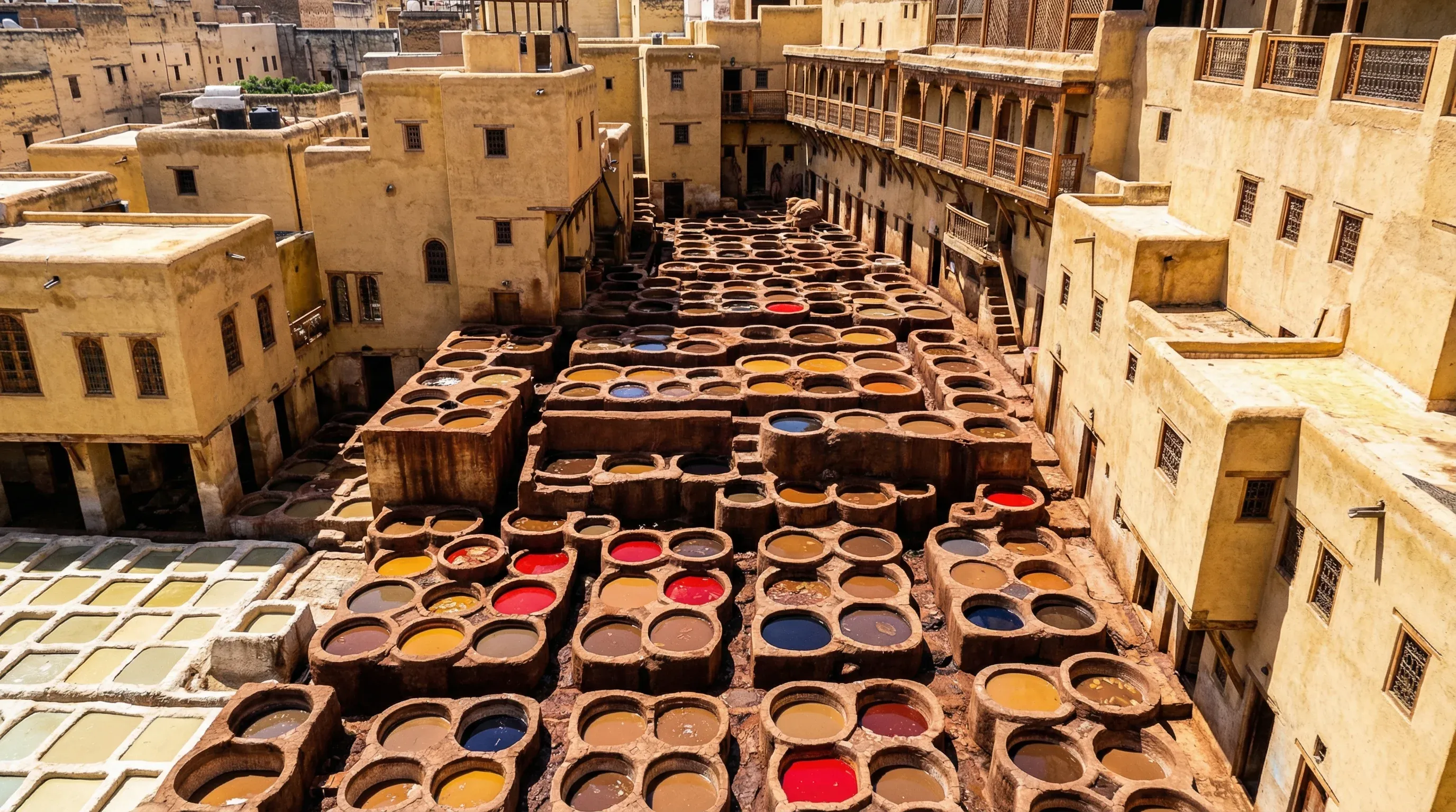 A high-angle view of the historic Chouara Tannery in Fes, showing rows of circular stone vats filled with different colored dyes.