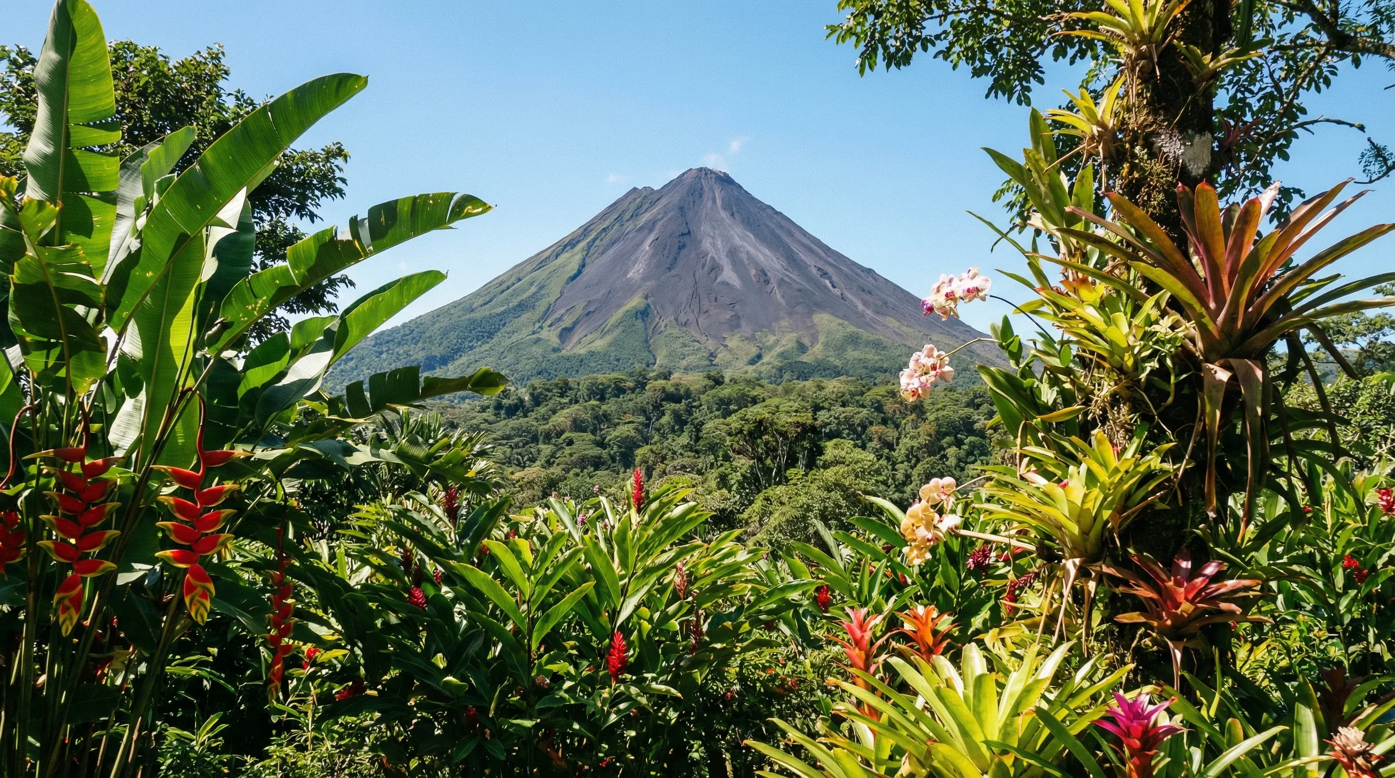 A wide-angle view of the symmetrical Arenal Volcano rising above a lush tropical rainforest under a clear blue sky.