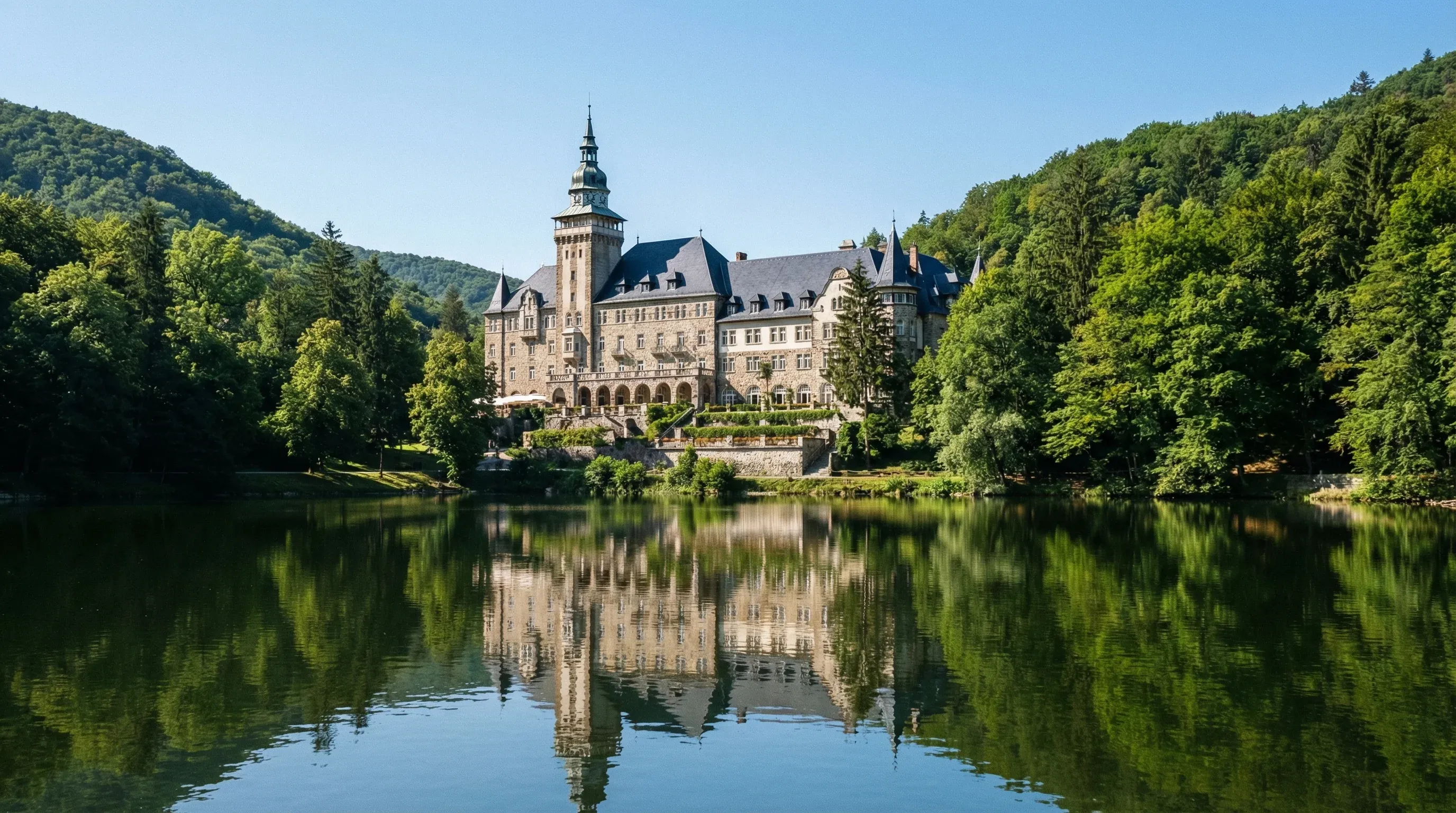 The stone Palace Hotel in Lillafüred surrounded by green forested mountains and a calm lake in the foreground.