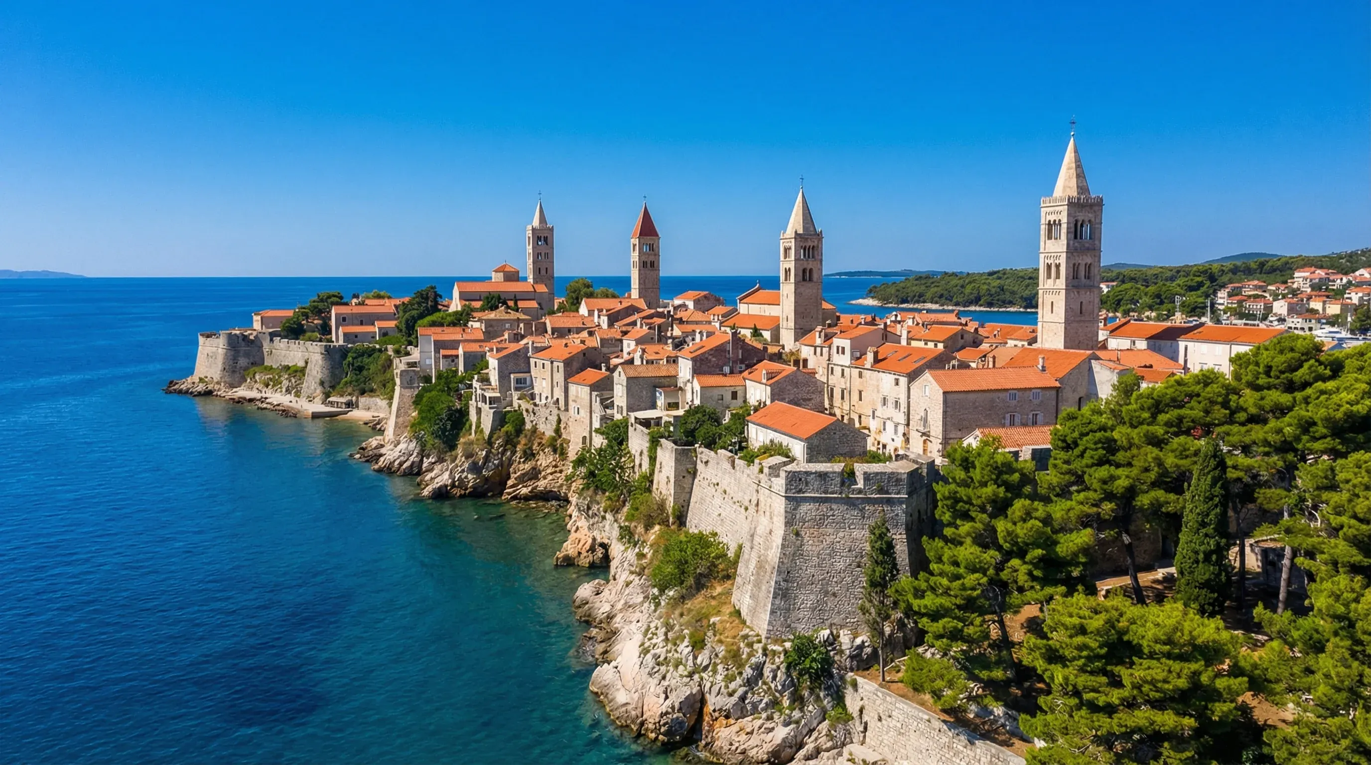 View of the four historic Romanesque bell towers rising above the stone walls and red roofs of Rab old town.