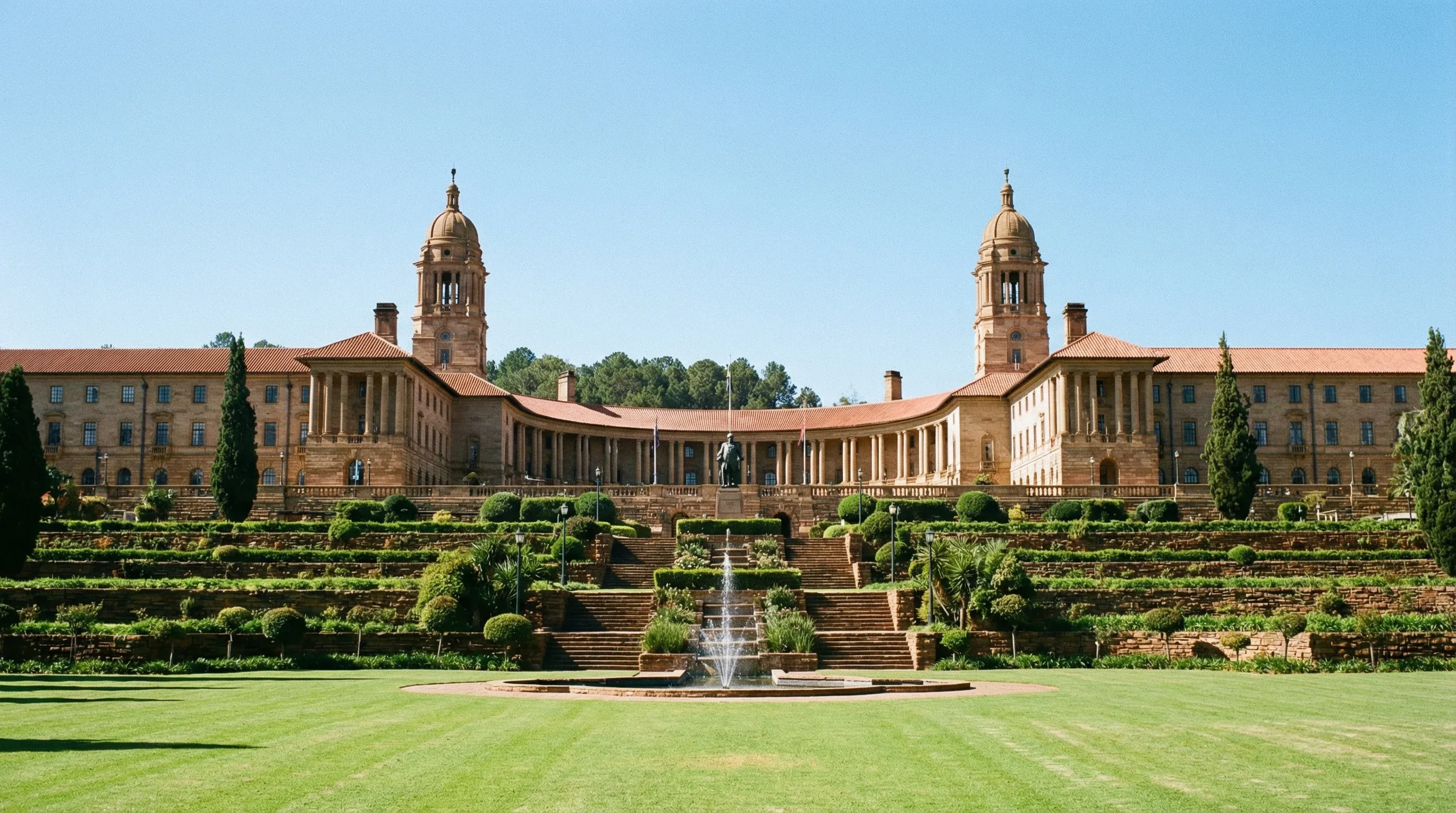The sandstone Union Buildings with twin towers overlooking terraced green gardens in Pretoria.