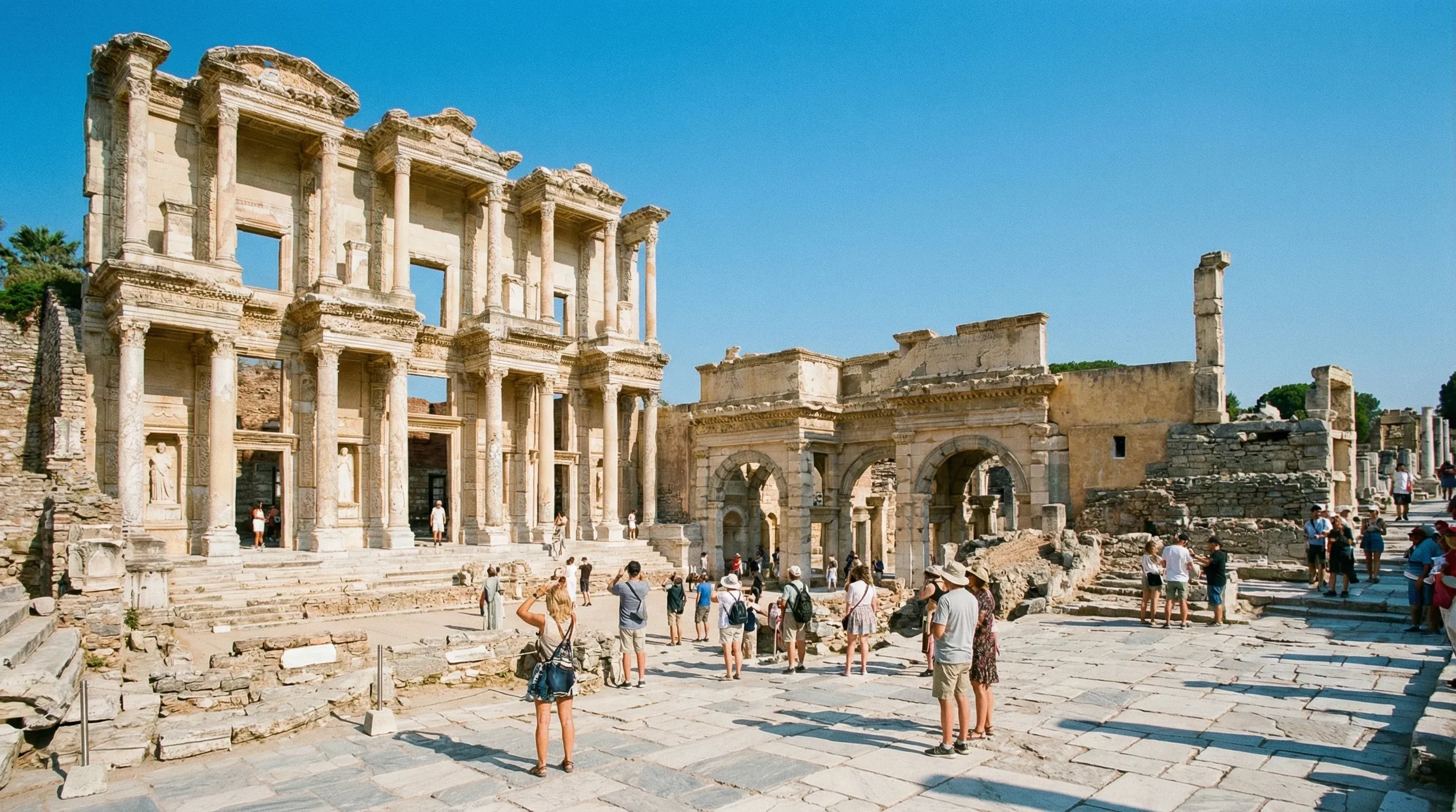 The ancient marble facade of the Library of Celsus at Ephesus with its two-story columns under a clear blue sky.
