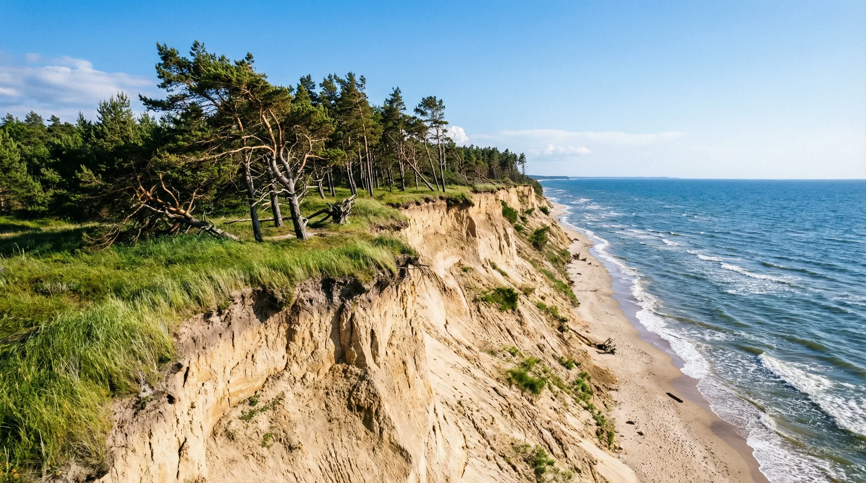 High sandy bluffs topped with green vegetation overlook a narrow beach and the Baltic Sea at Jūrkalne, Latvia.