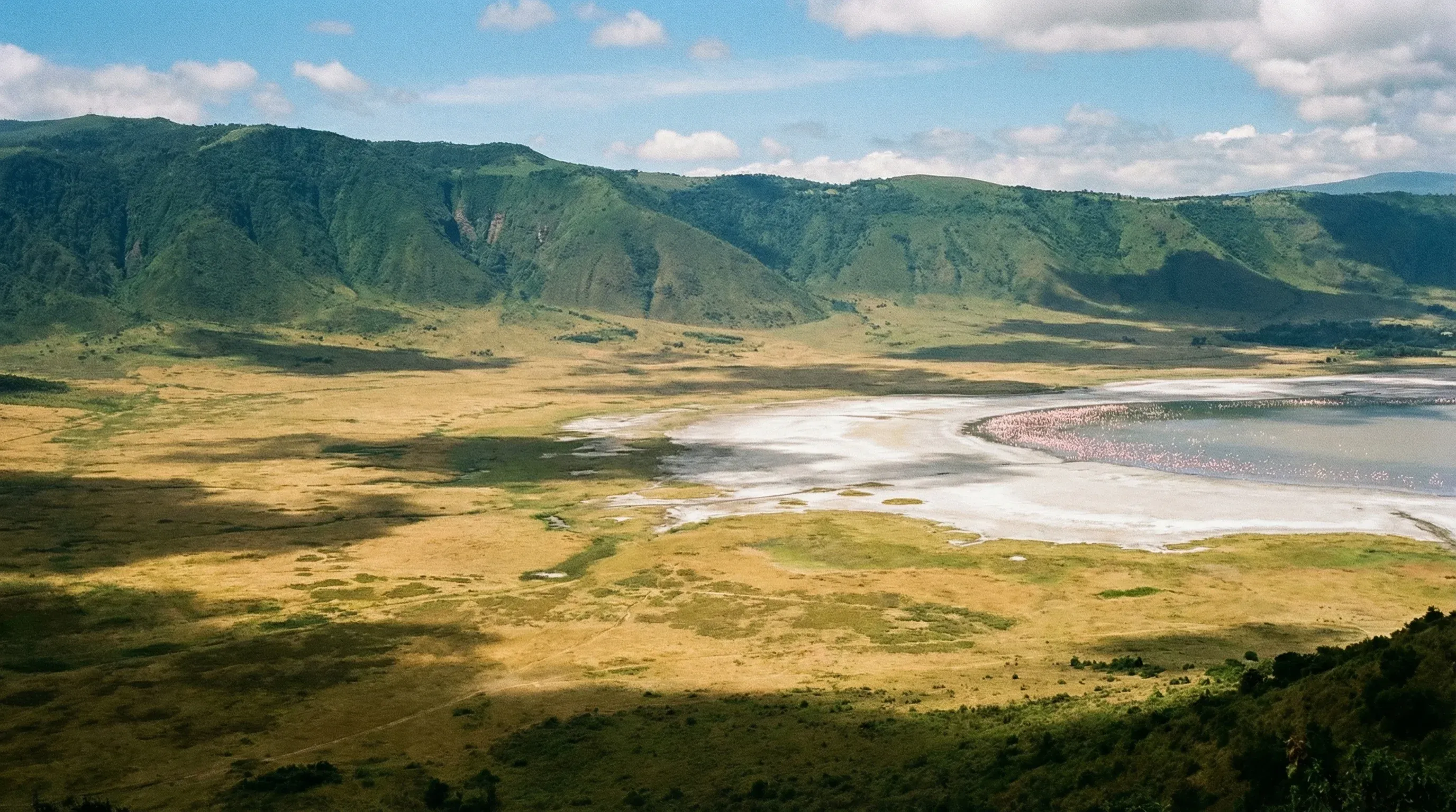 Wide view of the Ngorongoro Crater floor including Lake Magadi and the surrounding volcanic caldera walls.