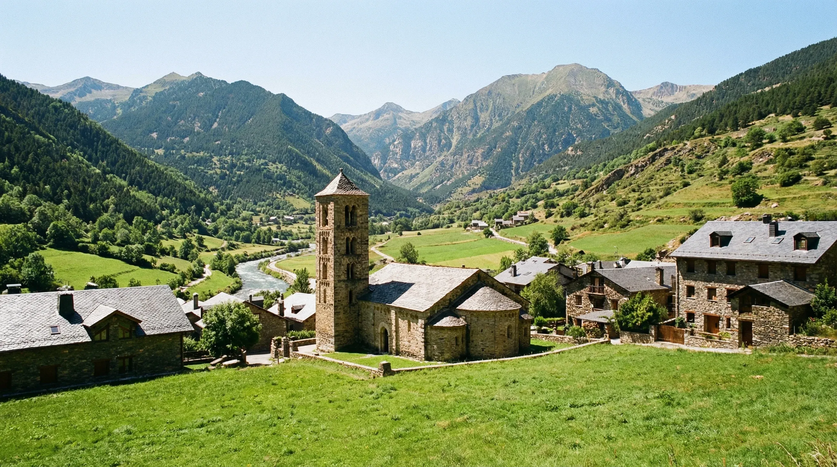 An ancient stone church with a square tower stands in a grassy valley floor surrounded by high mountain peaks in northern Andorra.