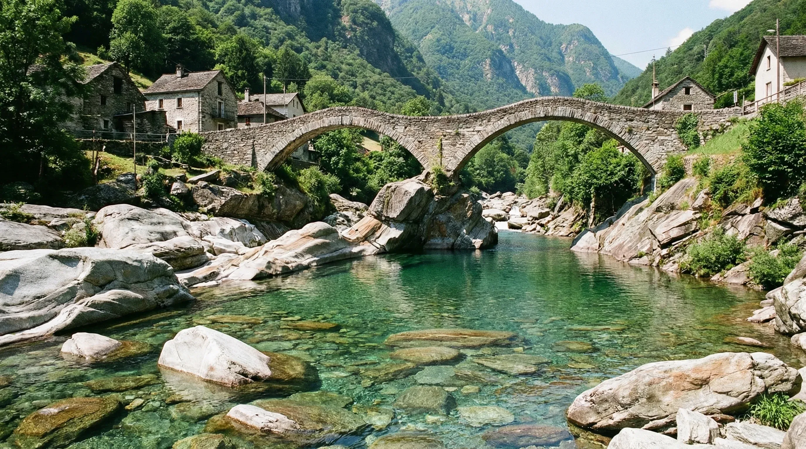 A double-arch stone bridge spanning the turquoise Verzasca River in a rocky valley in Ticino.