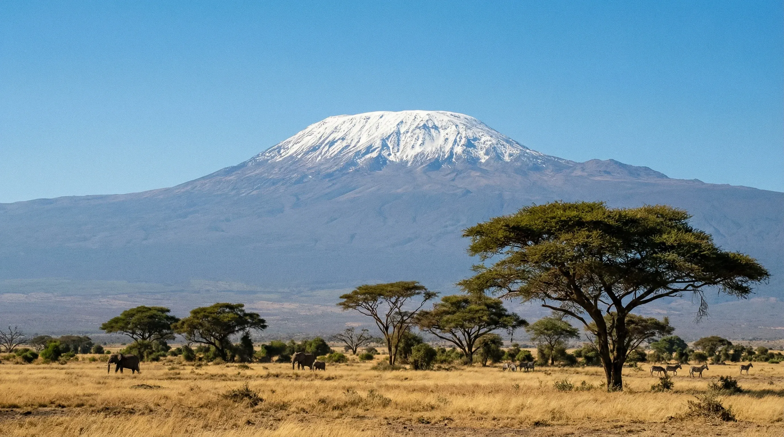 A wide landscape view of Mount Kilimanjaro with its snow-covered summit under a clear blue sky, seen from the plains of Amboseli National Park.