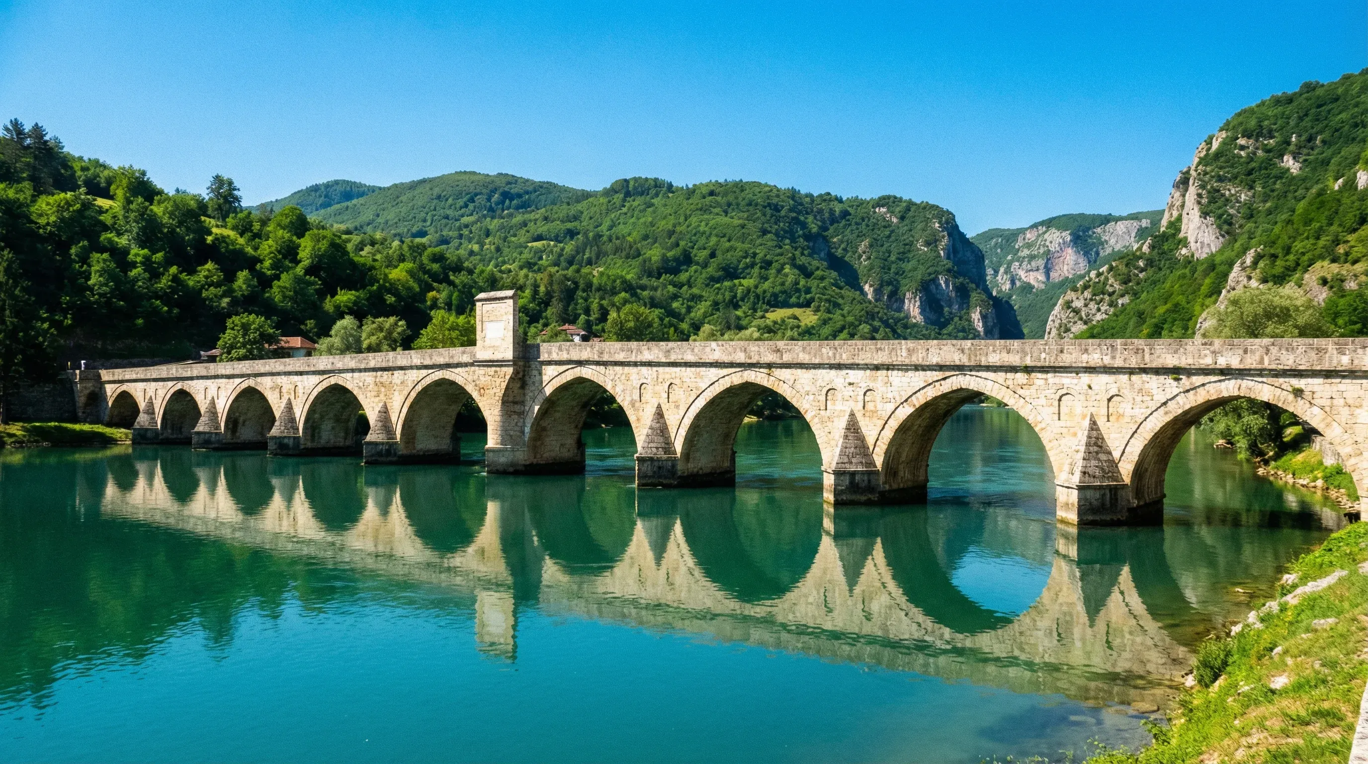 The stone arches of the historic Mehmed Paša Sokolović Bridge crossing the Drina River in Višegrad.