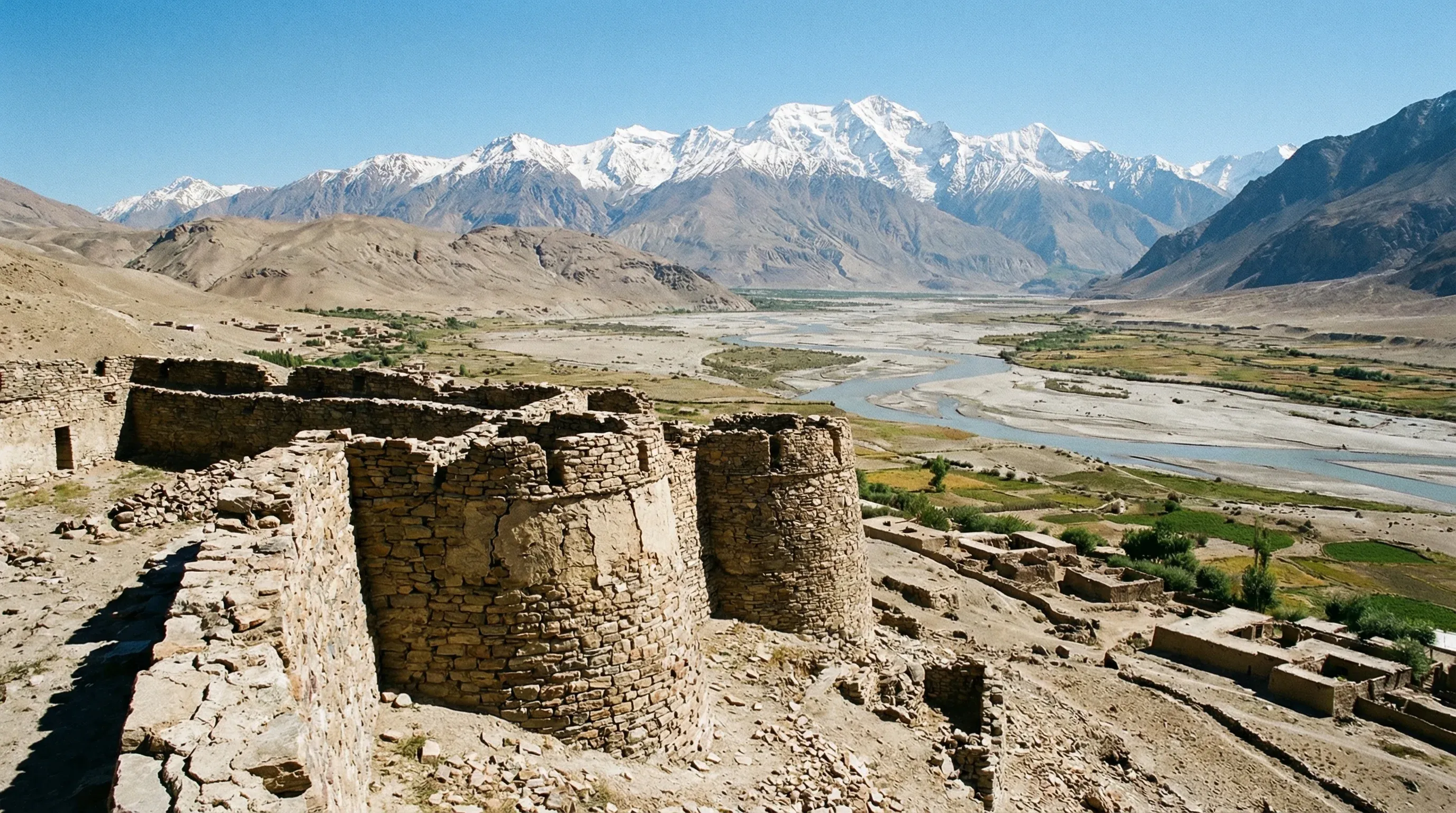 Ancient stone fortress ruins overlooking a wide river valley and snow-capped peaks of the Hindu Kush.