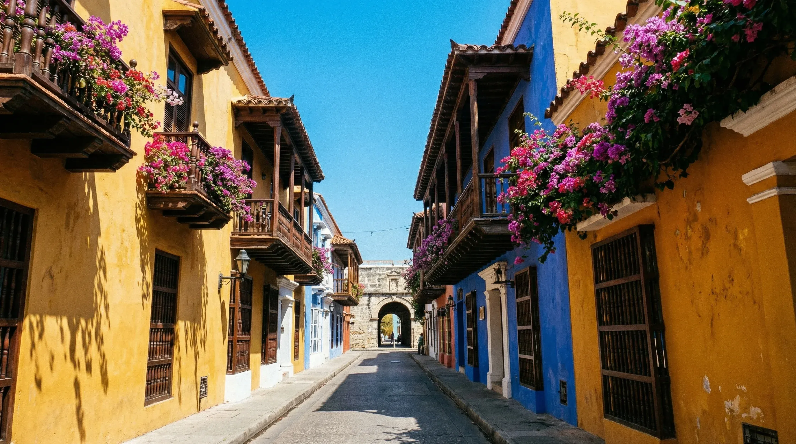 A colorful colonial street in Cartagena with yellow buildings, wooden balconies, and vibrant flowers under a clear sky.