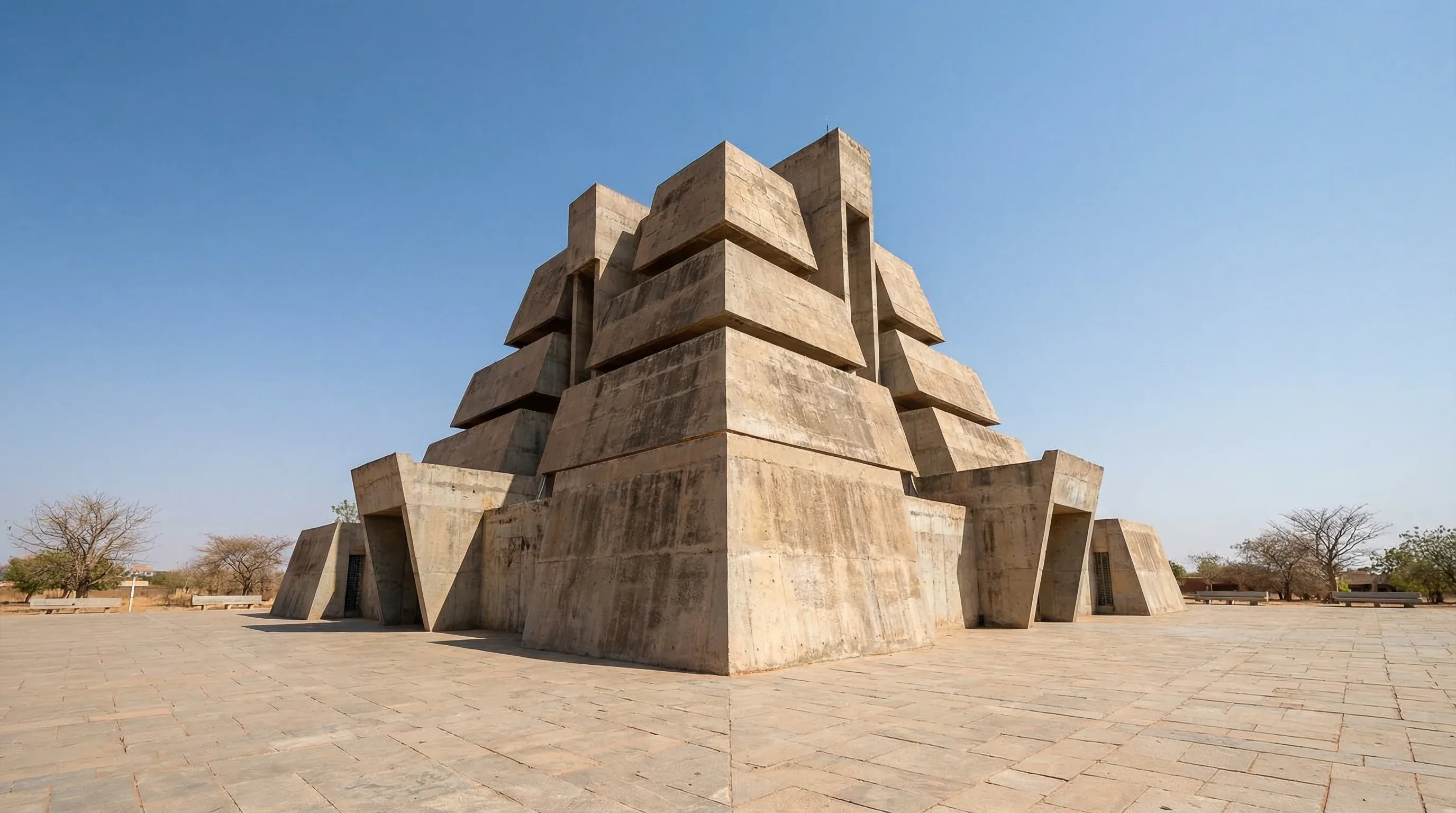 The Monument of National Heroes in Ouagadougou, a large modern concrete structure with tiered levels, photographed from below against a bright blue sky.