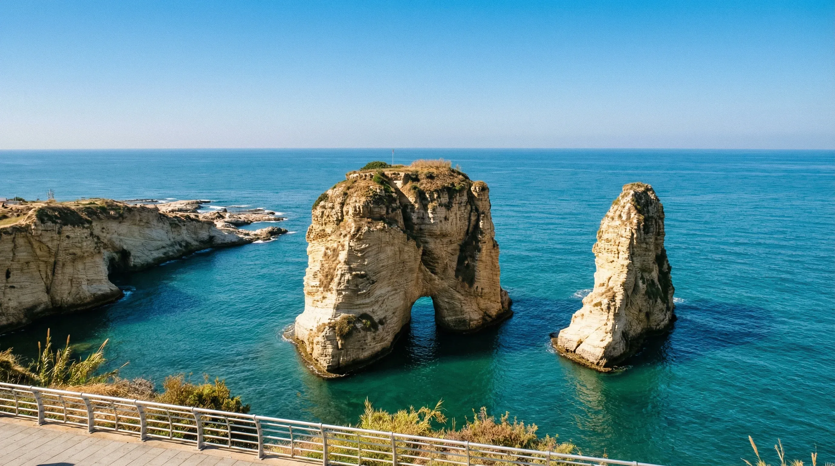 Two large limestone rock formations known as Raouche Rocks rising from the blue Mediterranean Sea off the coast of Beirut.