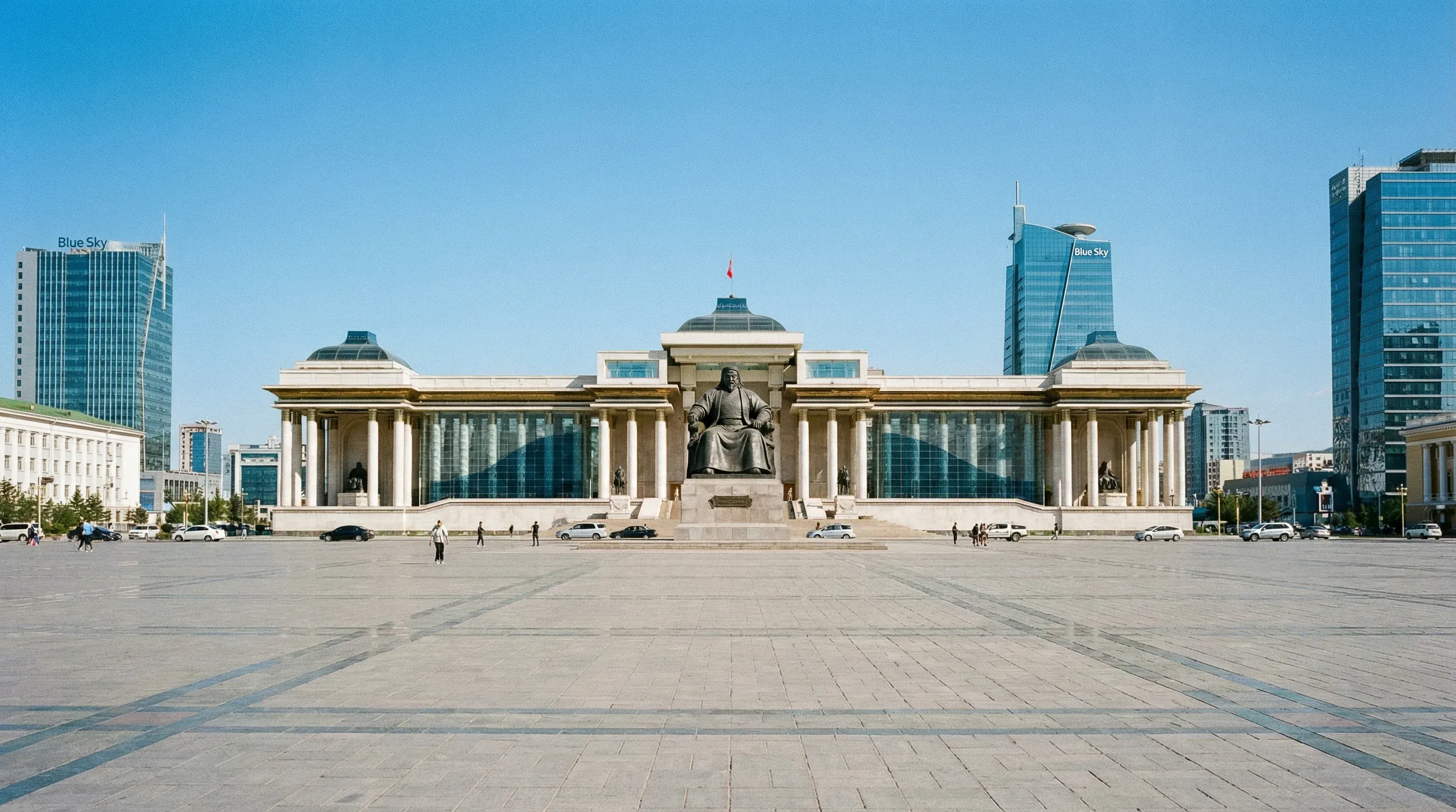 The Government Palace and the central statue of Genghis Khan at Sukhbaatar Square in Ulaanbaatar, Mongolia.