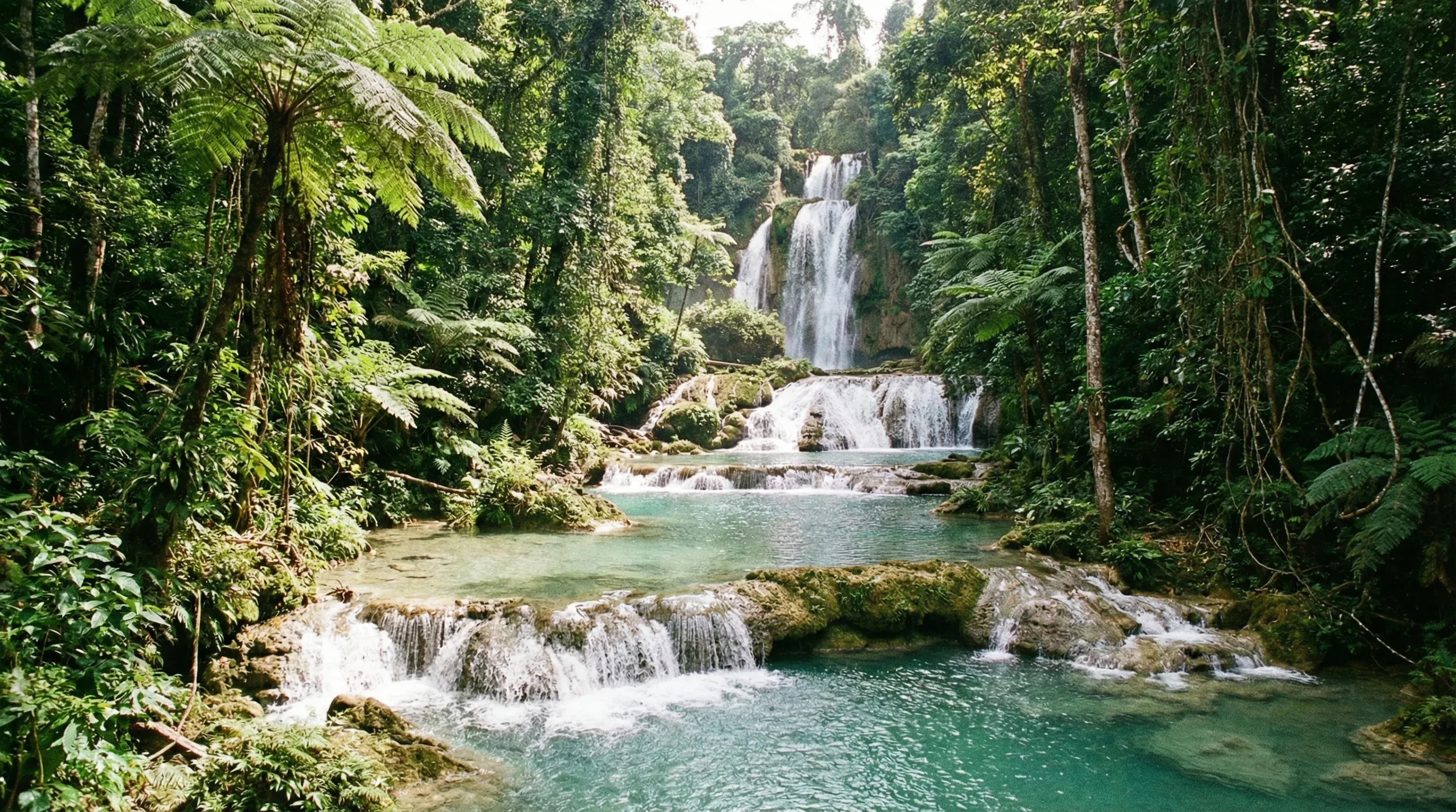 A multi-tiered tropical waterfall with turquoise pools and lush green jungle surroundings in Port Vila, Efate.