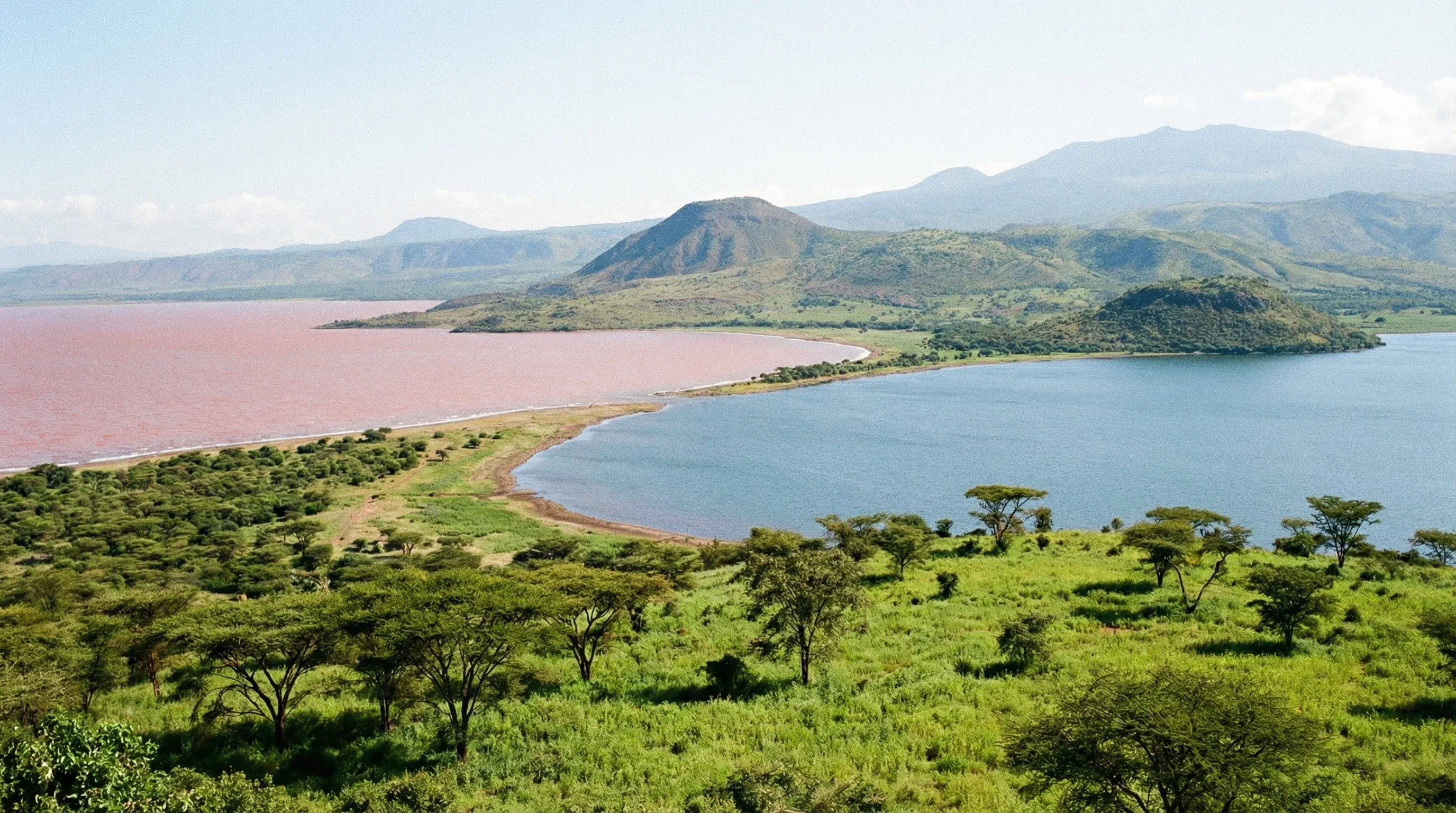 An elevated view of the forested land bridge separating Lake Abaya and Lake Chamo in Nechisar National Park.