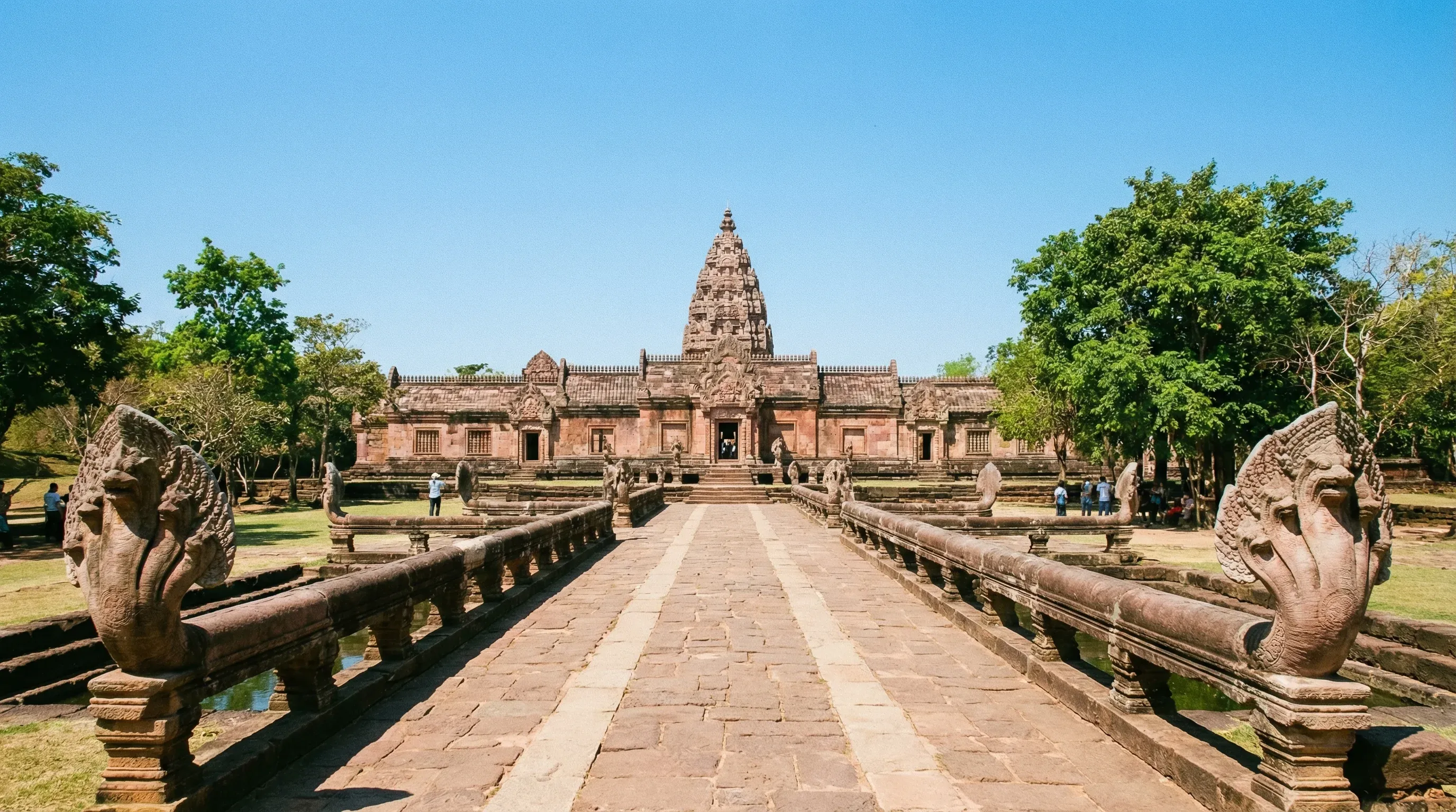 The processional walkway and sandstone sanctuary of the Phanom Rung Khmer temple complex in Buriram.