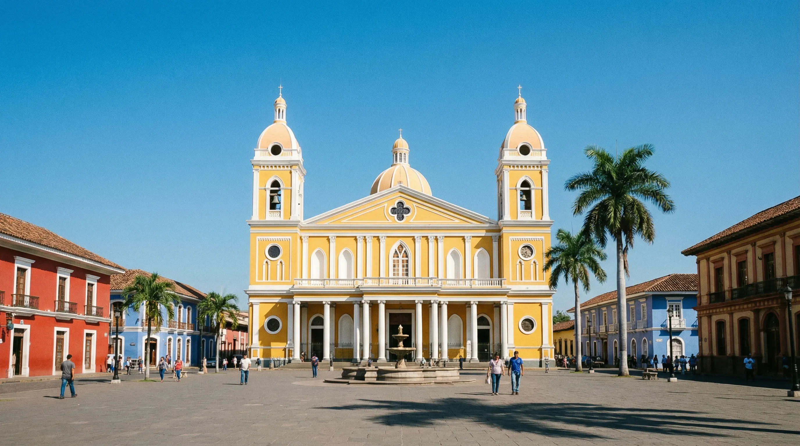 The yellow and white facade of the Granada Cathedral viewed from the plaza under bright midday sunlight.