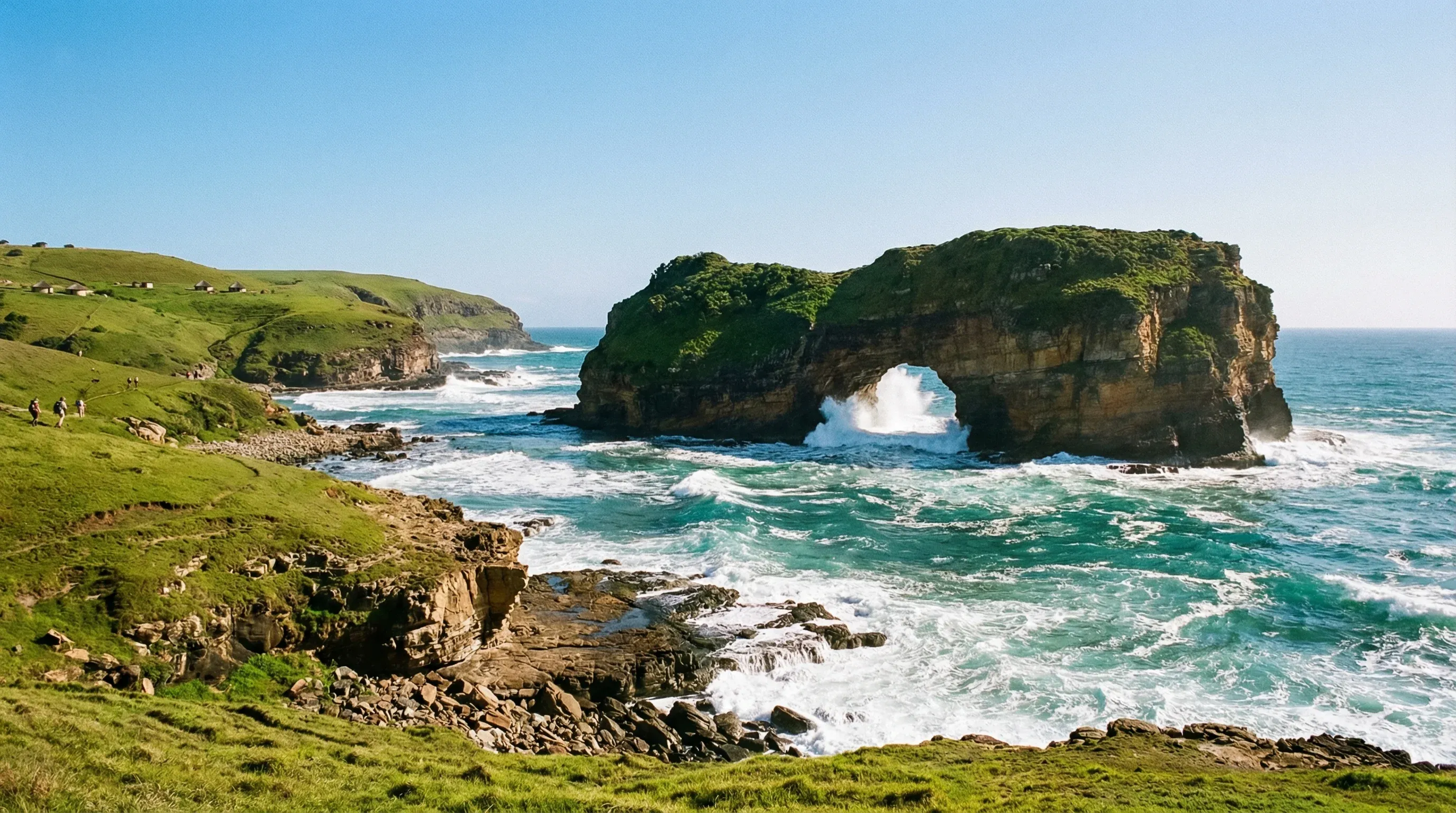 A large natural rock archway standing in the ocean near a green grassy coastline at Coffee Bay on the Wild Coast.