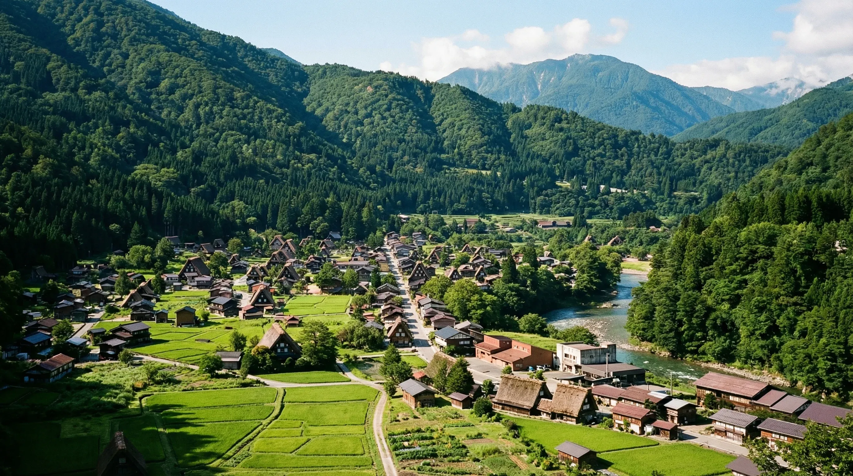 High-angle view of traditional gassho-zukuri thatched farmhouses in the forested valley of Shirakawa-go.