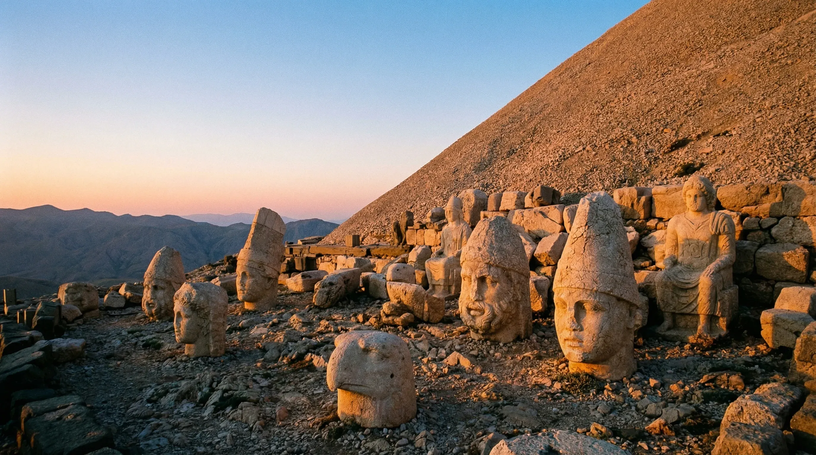 Giant ancient stone heads of gods and kings on the rocky summit of Mount Nemrut at sunrise.