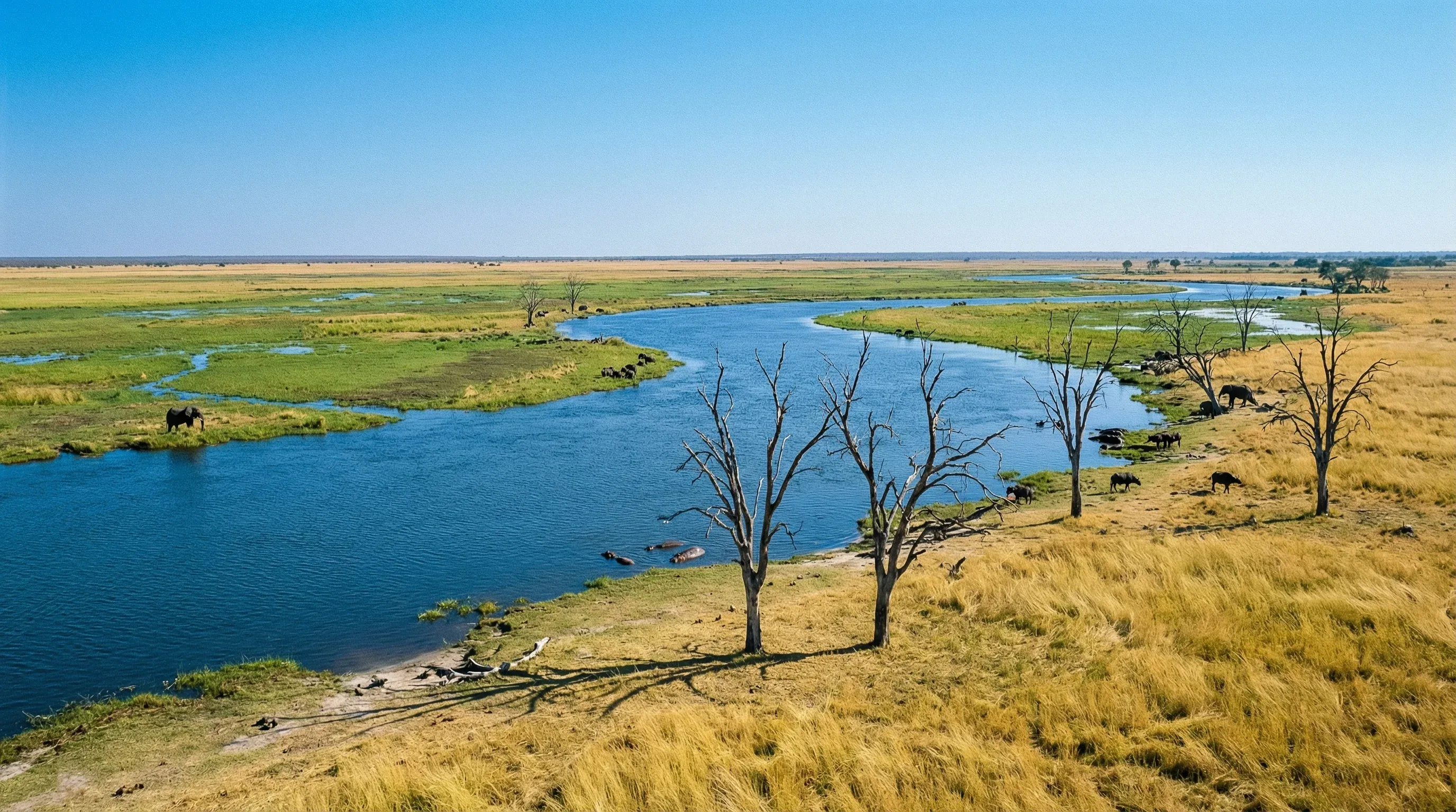 A wide view of the blue Chobe River and its green floodplains under a clear sky in Chobe National Park, Botswana.