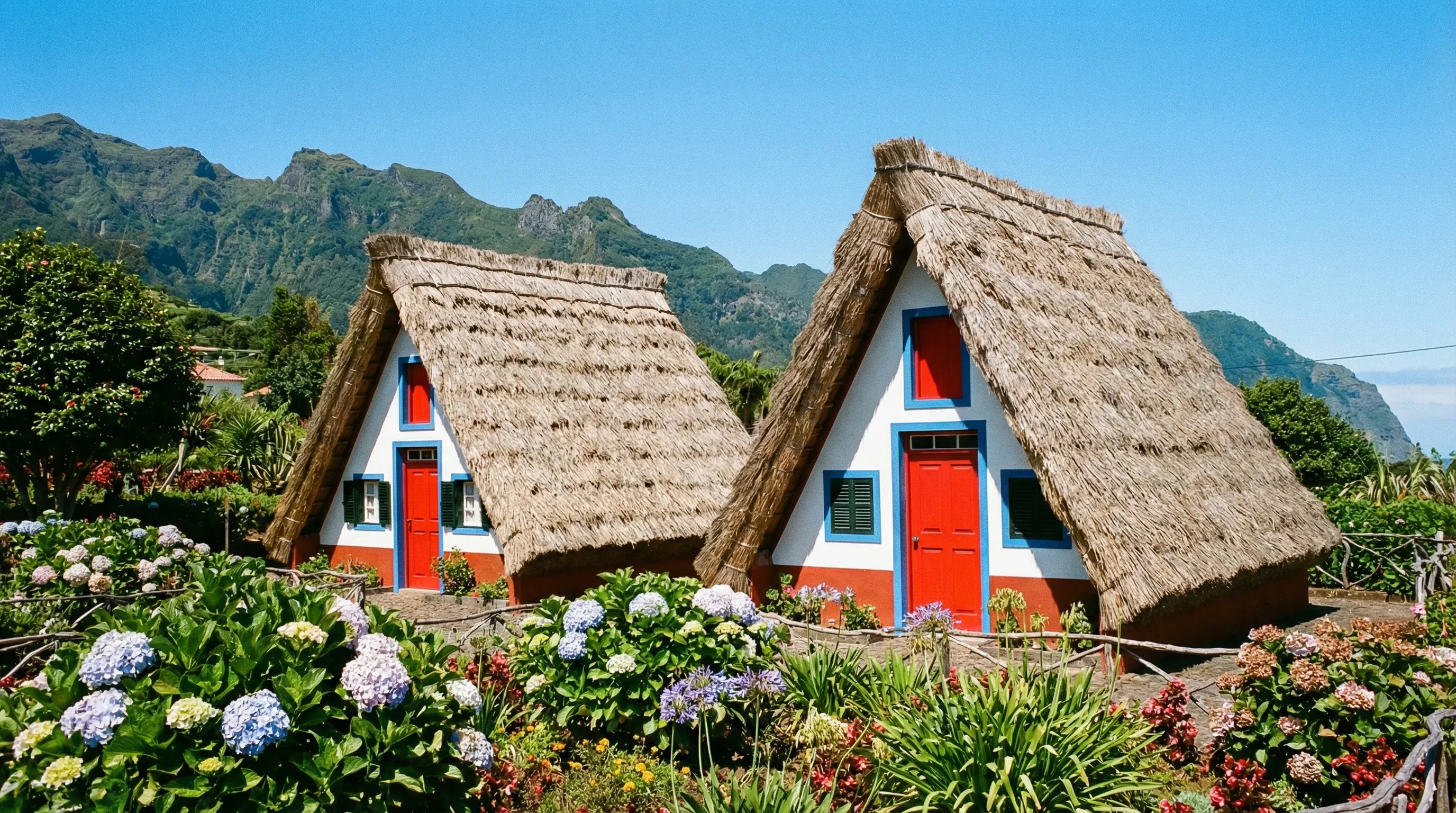 Traditional thatched triangular houses in Santana, Madeira, surrounded by green hills and flowers.
